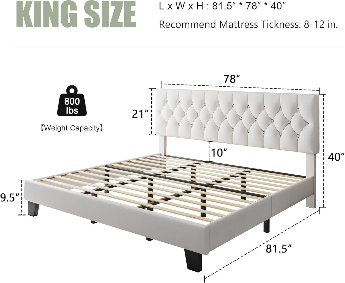 Feonase King Size Velvet Platform Bed Frame, Upholstered Bed with Button Tufted Headboard, Sturdy Wooden Slats & Heavy Duty Feet, No Box Spring Needed, Noise-Free, Easy Assembly, White