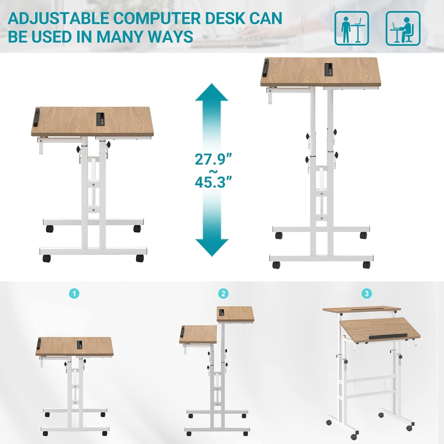 Klvied Mobile Standing Desk with Removable Cup Holder, Portable and Easy to Move, Ideal for Home or Office, Khaki