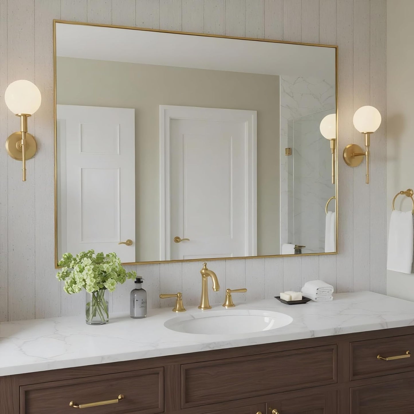 30x40 Inch Brass Bathroom Mirror for Wall, Aluminum Frame Rectangle Rectangular Vanity Mirror, Modern Large for Bedroom, Living Room, Horizontal or Vertical