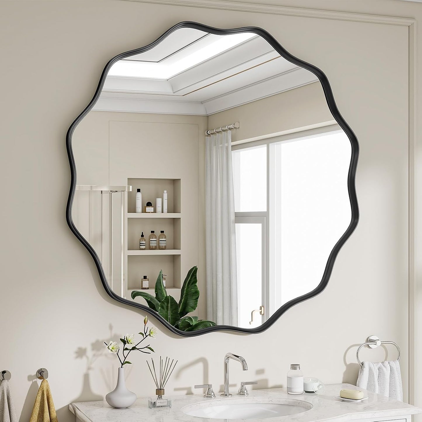 Round Wavy Mirror, 30 Inch Metal Frame Circle Mirror, Round Wall Mounted for Entryway, Bathroom, Vanity, Living Room, Black