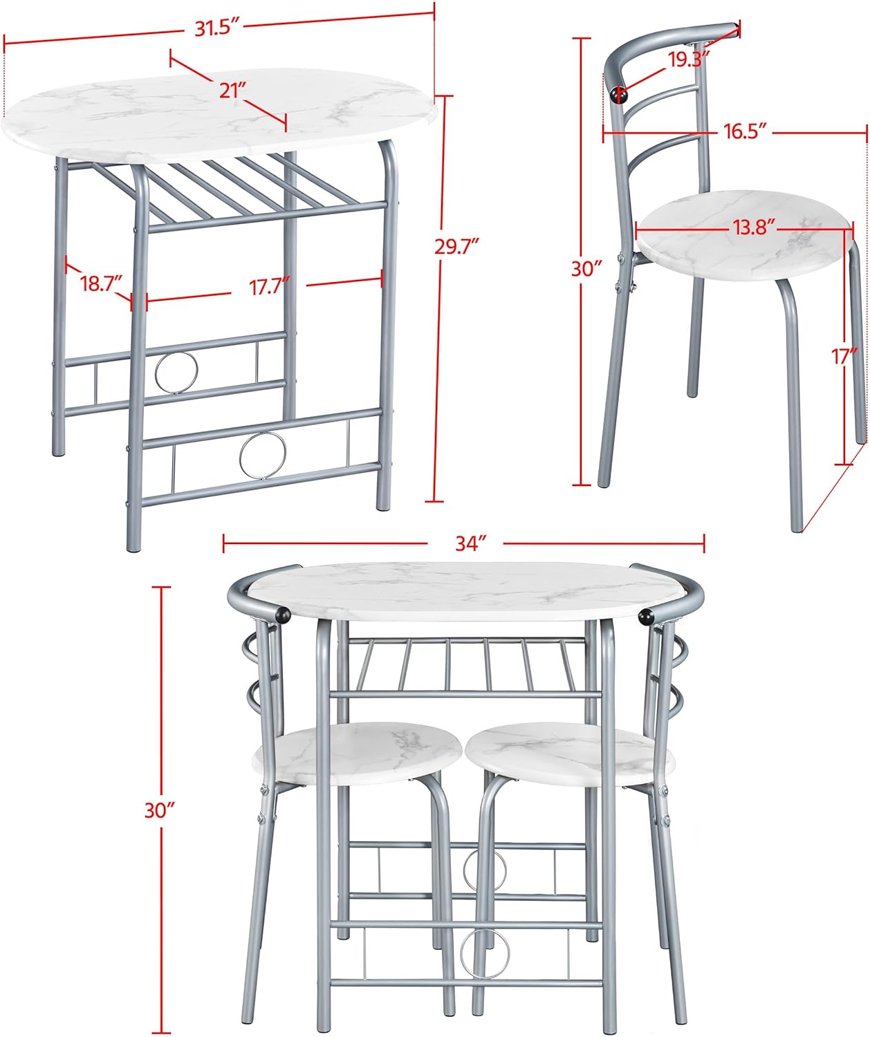 Yaheetech 3-Piece Dining Table Set, Breakfast Bistro Table Set for 2, Small Kitchen and Table Chairs Set of 2 with Metal Frame and Storage Rack for Small Space/Apartment/Dorm Room, White