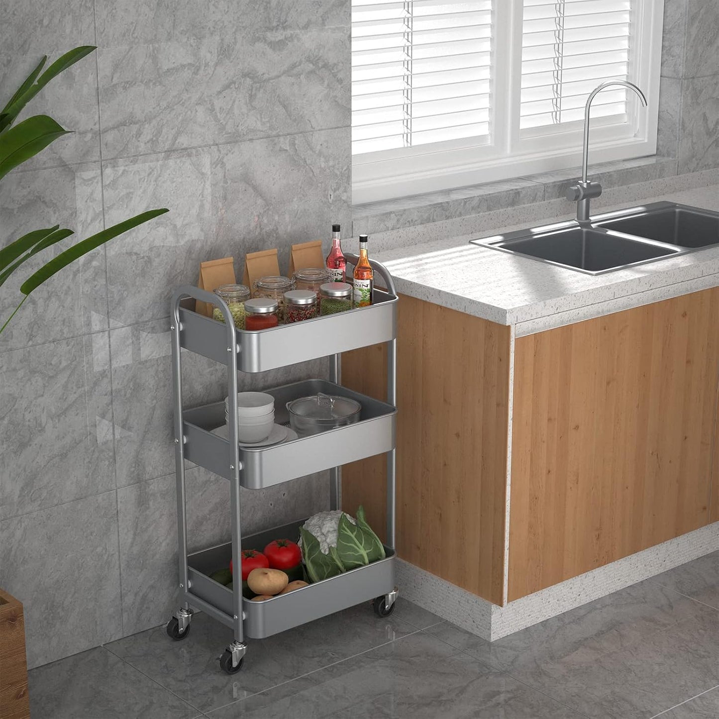MAX Houser 3-Tier Rolling Utility Cart with Caster Wheels,Easy Assembly, for Kitchen, Bathroom (Silvery-Grey)
