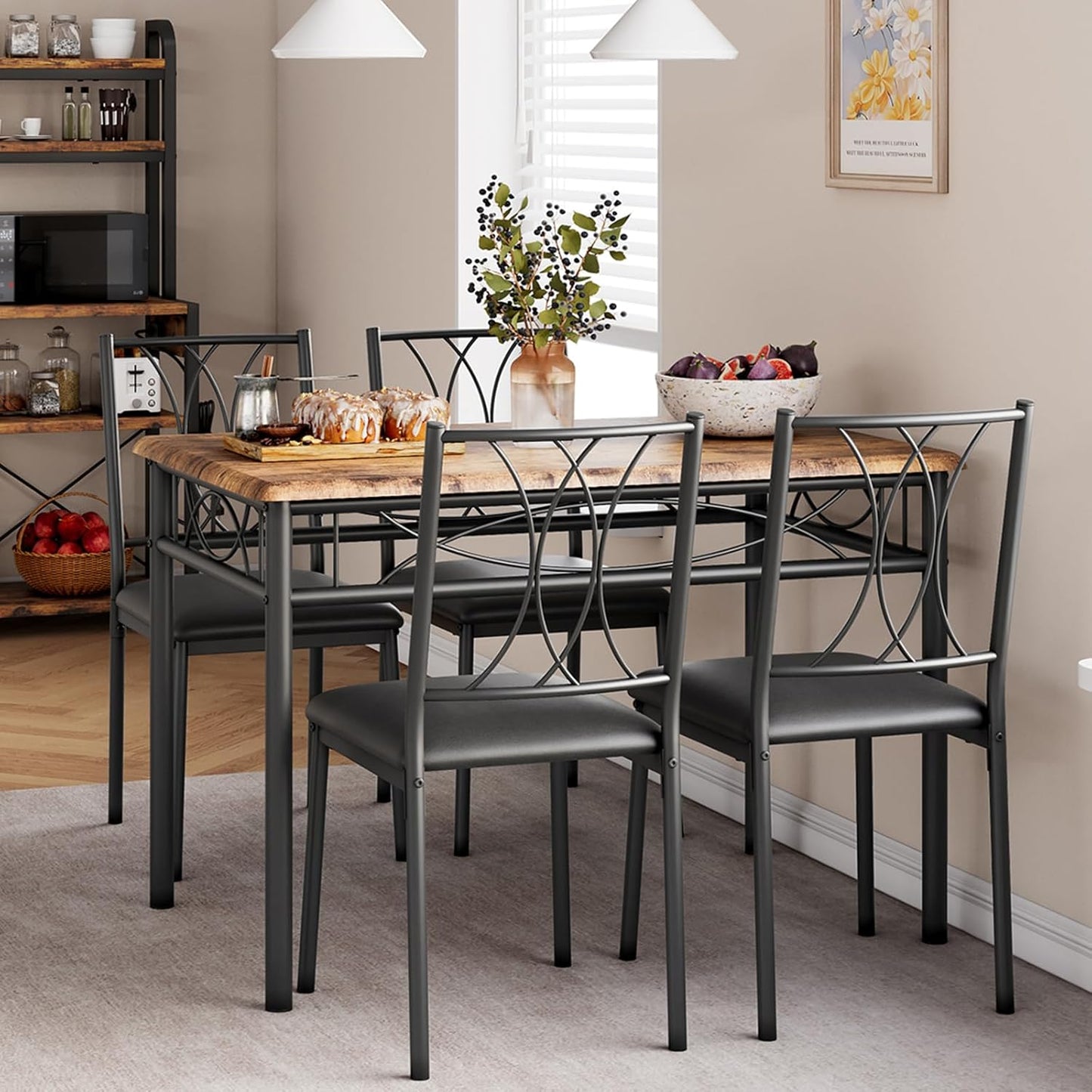 IDEALHOUSE Dining Table Set for 4, 5 Piece Dining Table Set with 4 Upholstered Chairs, Rectangular Dining Room Table Set of 4 for Small Space, Apartment, Retro Brown