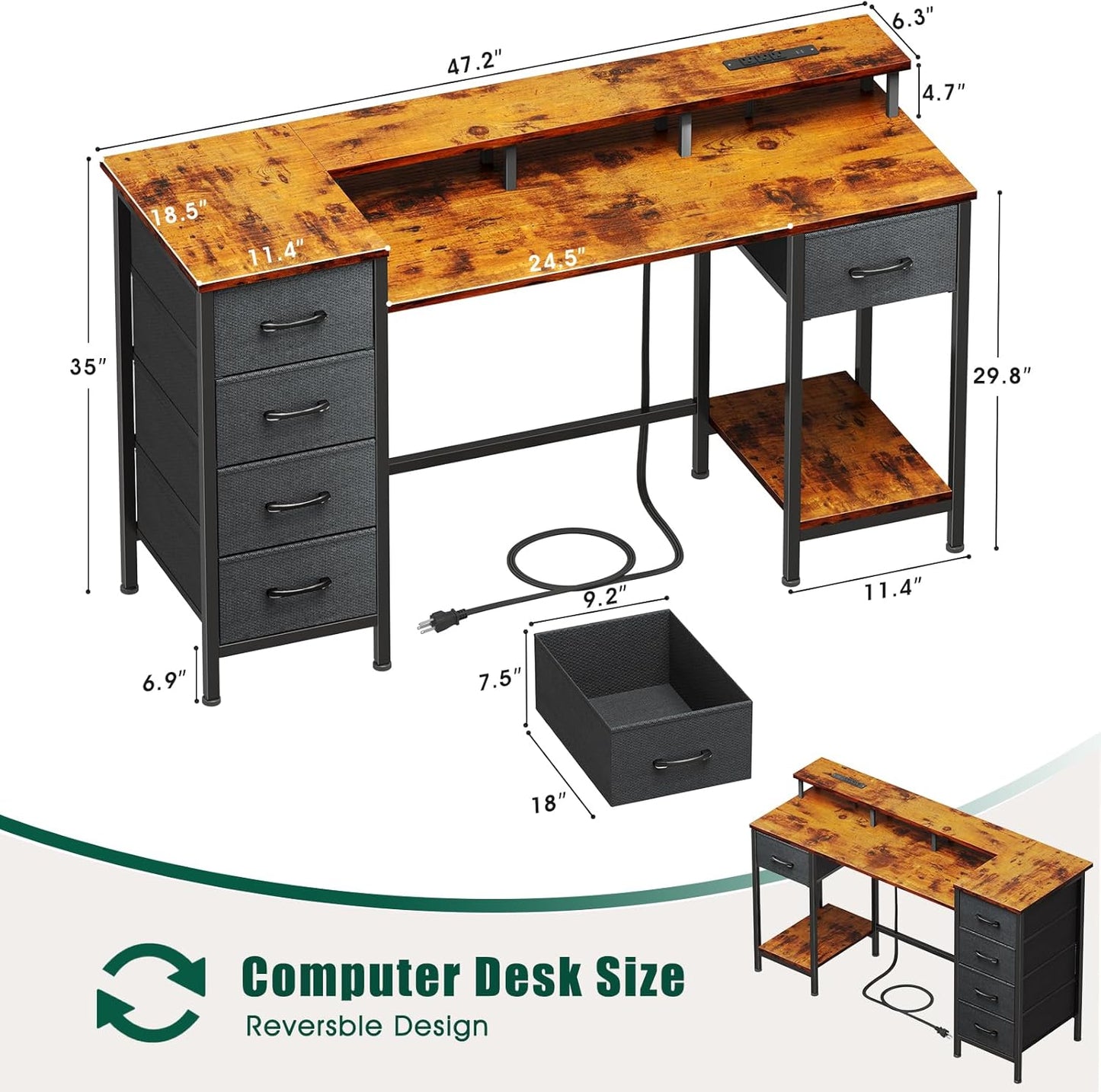47 Inch Computer Gaming Desk with Power Outlets LED Lights Reversible Home Office with Adjustable Fabric Storage Drawers for Working Writing Study, Rustic Brown