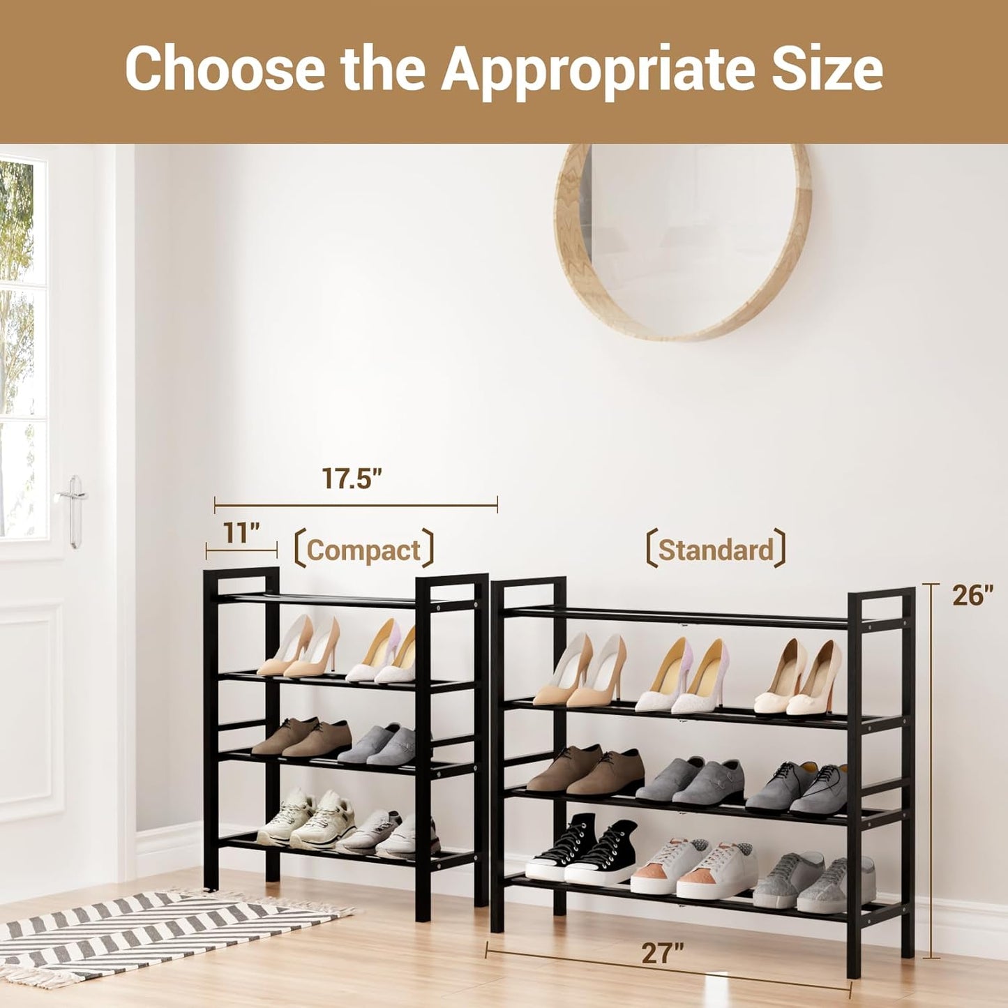 Haddockway Bamboo Shoe Rack for Closet, Free Standing Shoe Organizer with Smooth Round Rods & Convenient Handles, Stackable Shoe Storage Shelf for Entryway, Hallway(Black, 4-Tier(Small))