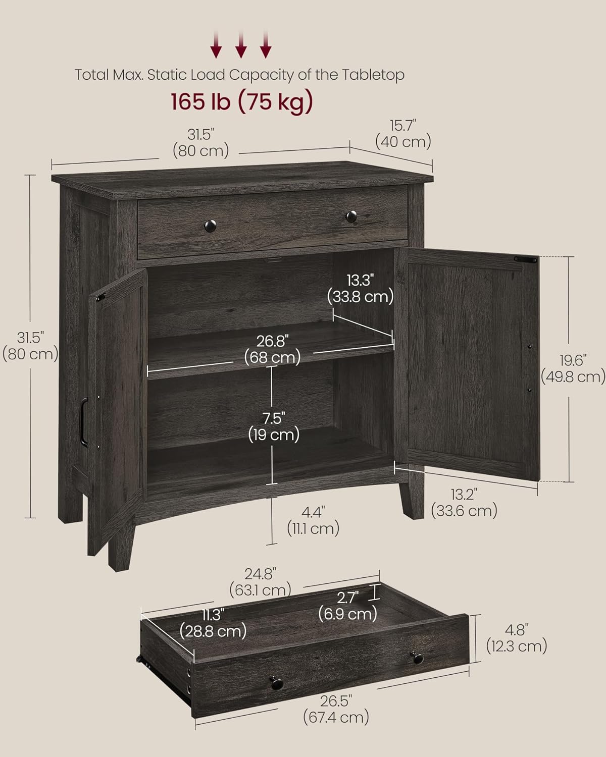 VASAGLE LIRY Collection - Buffet Cabinet, Coffee Bar Cabinet with a Drawer, Adjustable Shelf, Sideboard Storage with Cable Hole, Drawer Divider, Antique Charcoal UBBK341B02