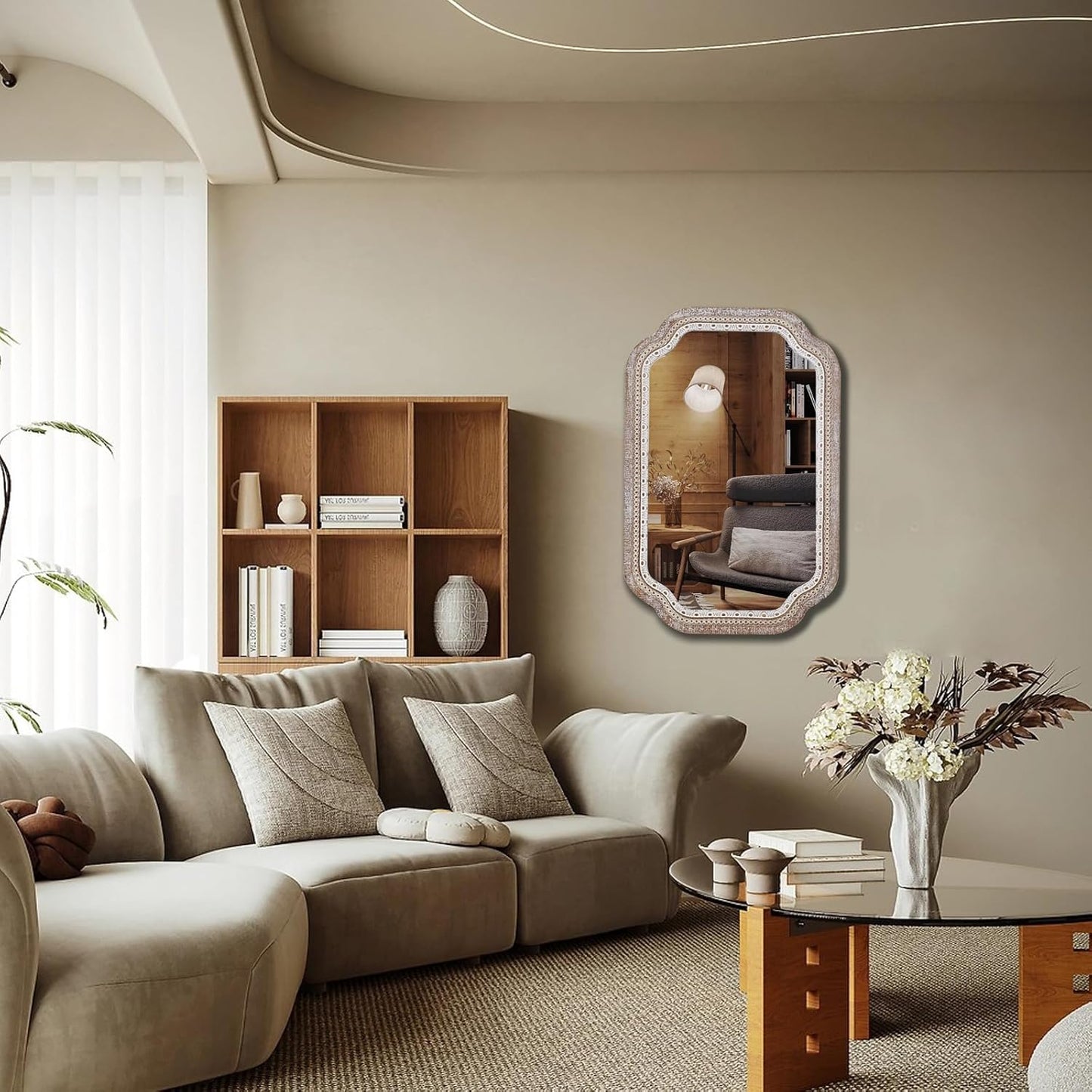 36x24 Wooden Scalloped Decorative Wall Mirror with Beaded Frame, Rustic Farmhouse Entryway Mirrors for Bathroom Vanity, Foyer, Hallway, or Over Sink (Horizontal/Vertical)