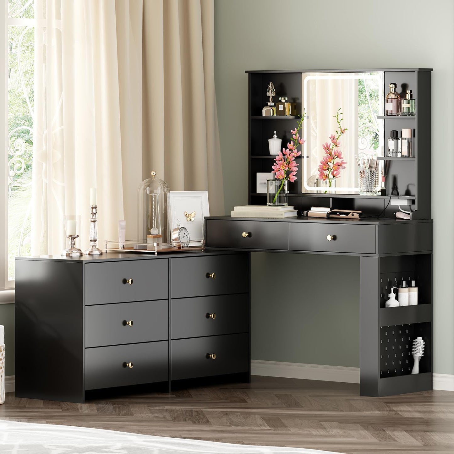 Large Makeup Vanity Desk with Mirror and Lights, Vanity Desk with 8 Drawers & Storage Shelves, Vanity Table with Power Outlet, 3 Color Modes & Adjustable Brightness Dressing Table, Bedroom,Black