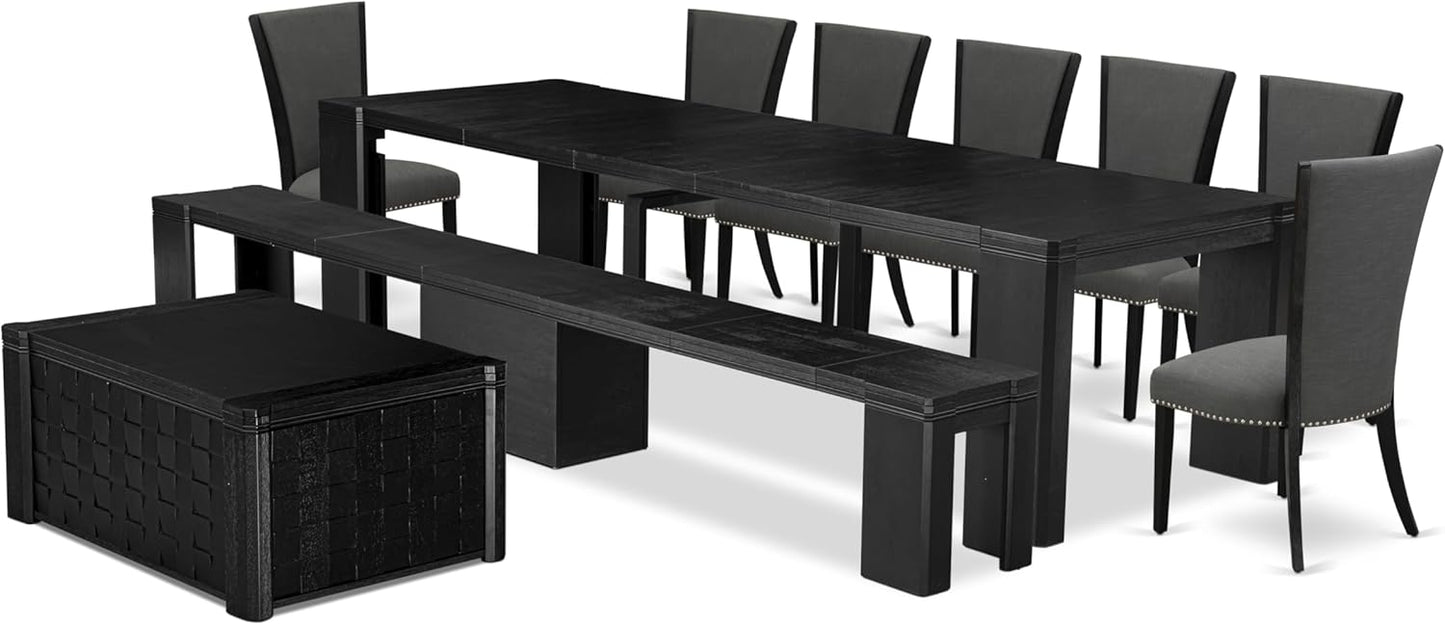 X07VE-BC6-50 - 10-Pc Dining Table Set a Kitchen Table with a coffee Table and wooden Bench & 7 Dark Gotham Grey Linen Fabric Dinner Chair, 39x120 Inch, Wire Brushed Black
