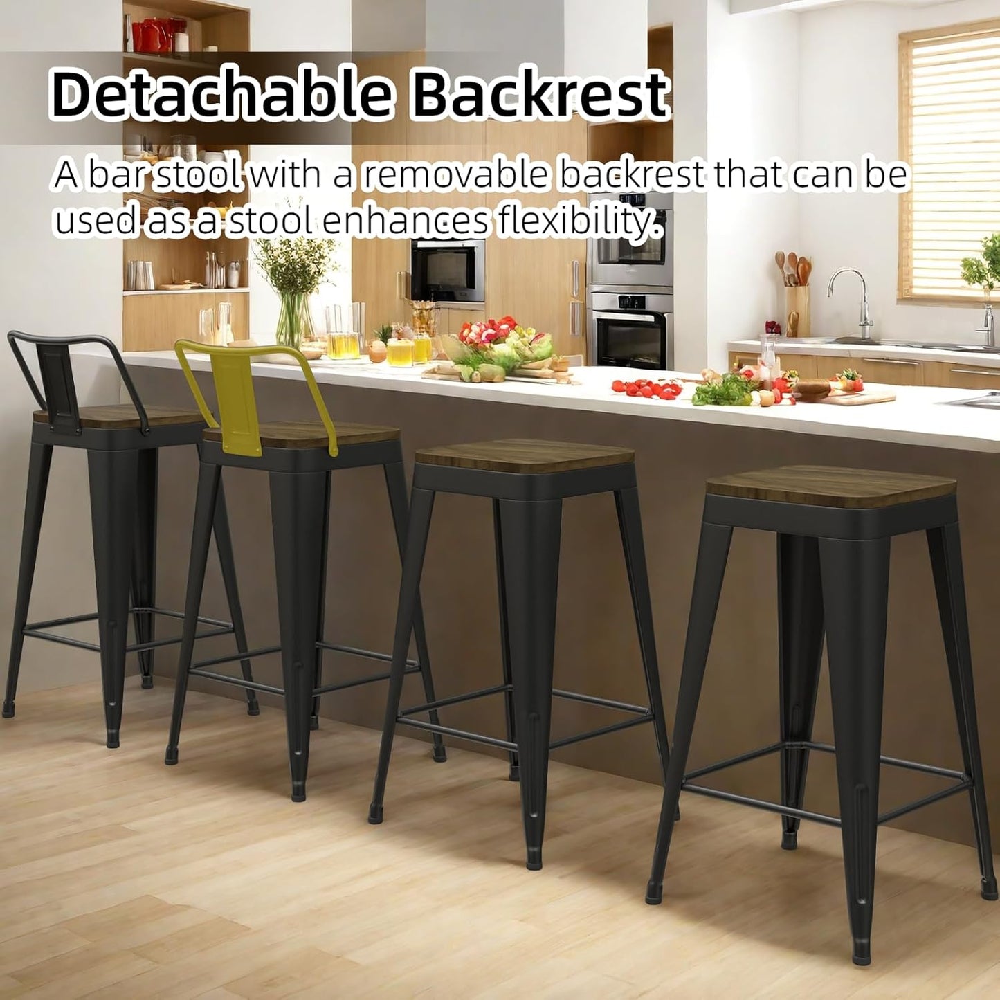 Black Bar Stools Set of 4, Metal Bar Stools with Wooden Seat, Modern 30”Counter Height Barstools with Low Back