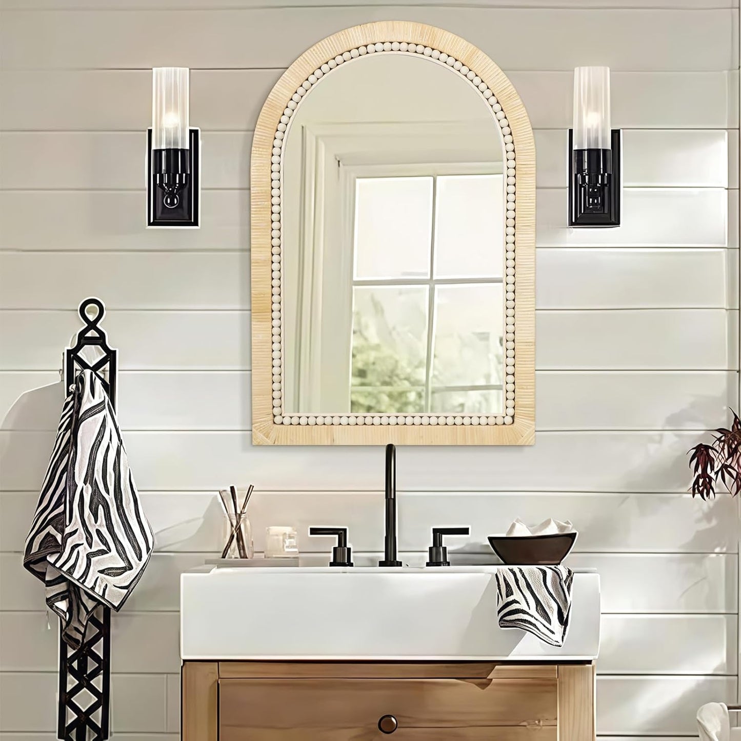 ULIKE Rattan Mirror for Bathroom, 20x30 Inch Arch Rustic Farmhouse Wall Decor with Handmade Wicker Frame, Boho Mirror for Nursery Bedroom Living Room Entryway