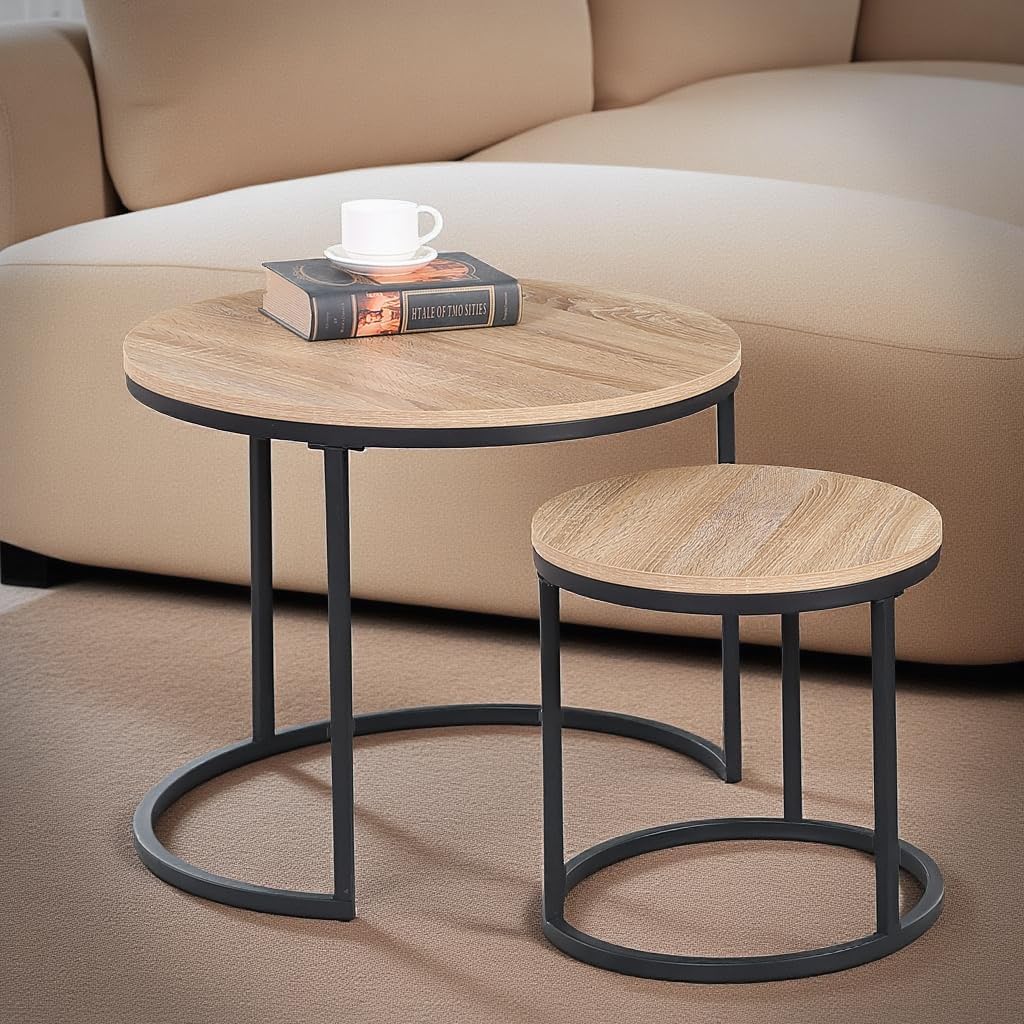 CENSI 24" Round Nesting Table, Accent Coffee Table, Natural Oak, Light Wooden Finish, Space-Saving, Modern Industrial Style