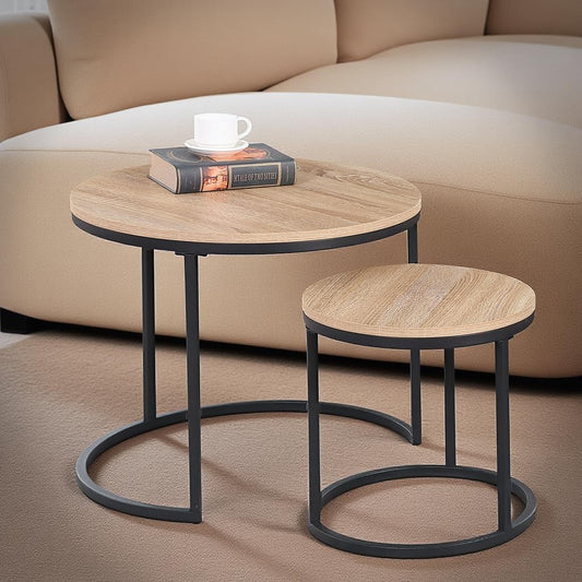 CENSI 24" Round Nesting Table, Accent Coffee Table, Natural Oak, Light Wooden Finish, Space-Saving, Modern Industrial Style