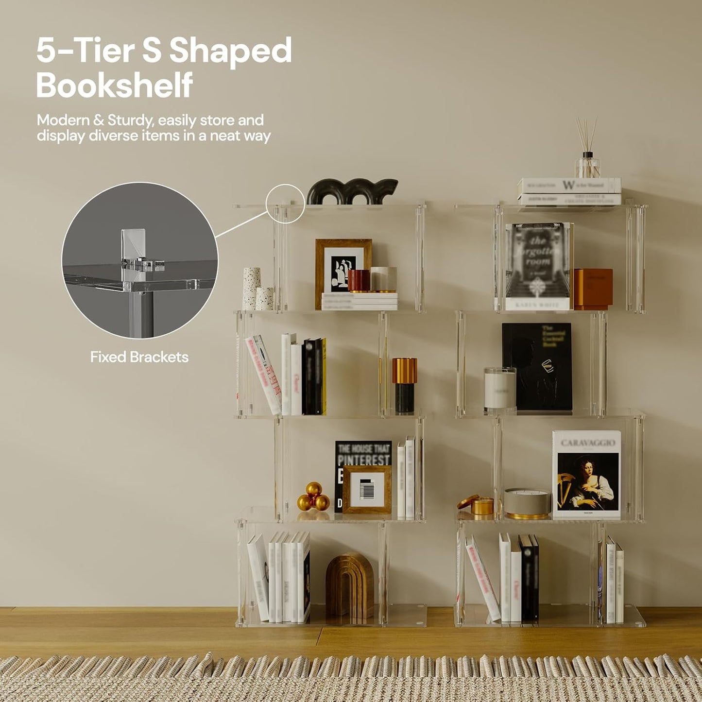 Acrylic Geometric Bookshelf, 5-Tier Clear S Shaped Bookcase, Modern, Unique Book Shelf for Living Room, Bedroom, Office, 9.3" D x 22.4" W x 49.2" H, Easy Assembly