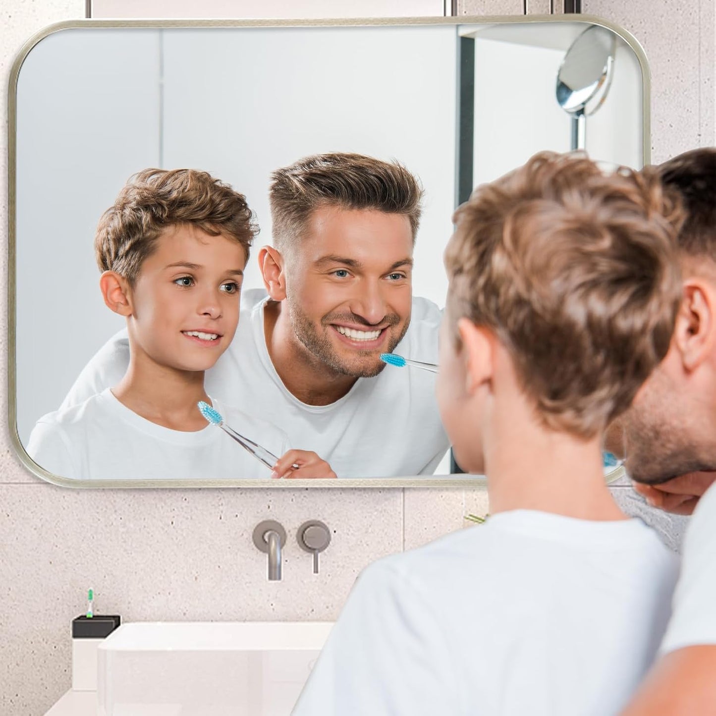 24x36 Inch Brushed Nickel Bathroom Mirror, Framed Rectangle Mirror with Rounded Corner, Brushed Mirror, Silver Bathroom Mirror for Over Sink, Vanity, Living Room, Bedroom, Horizontal/Vertical