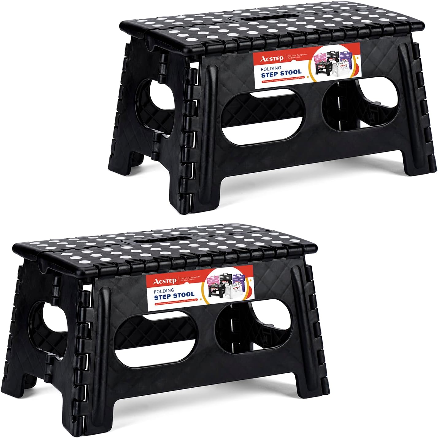 ACSTEP Foldable Step Stool for Kids and Adults,15-Inch Extra Wide 9-Inch Height Step Stool(2 Pack) More Safe and Comfortable Holds Up to 300 lbs Folding Step Stool for Bathroom, Garden, Kitchen（Black）