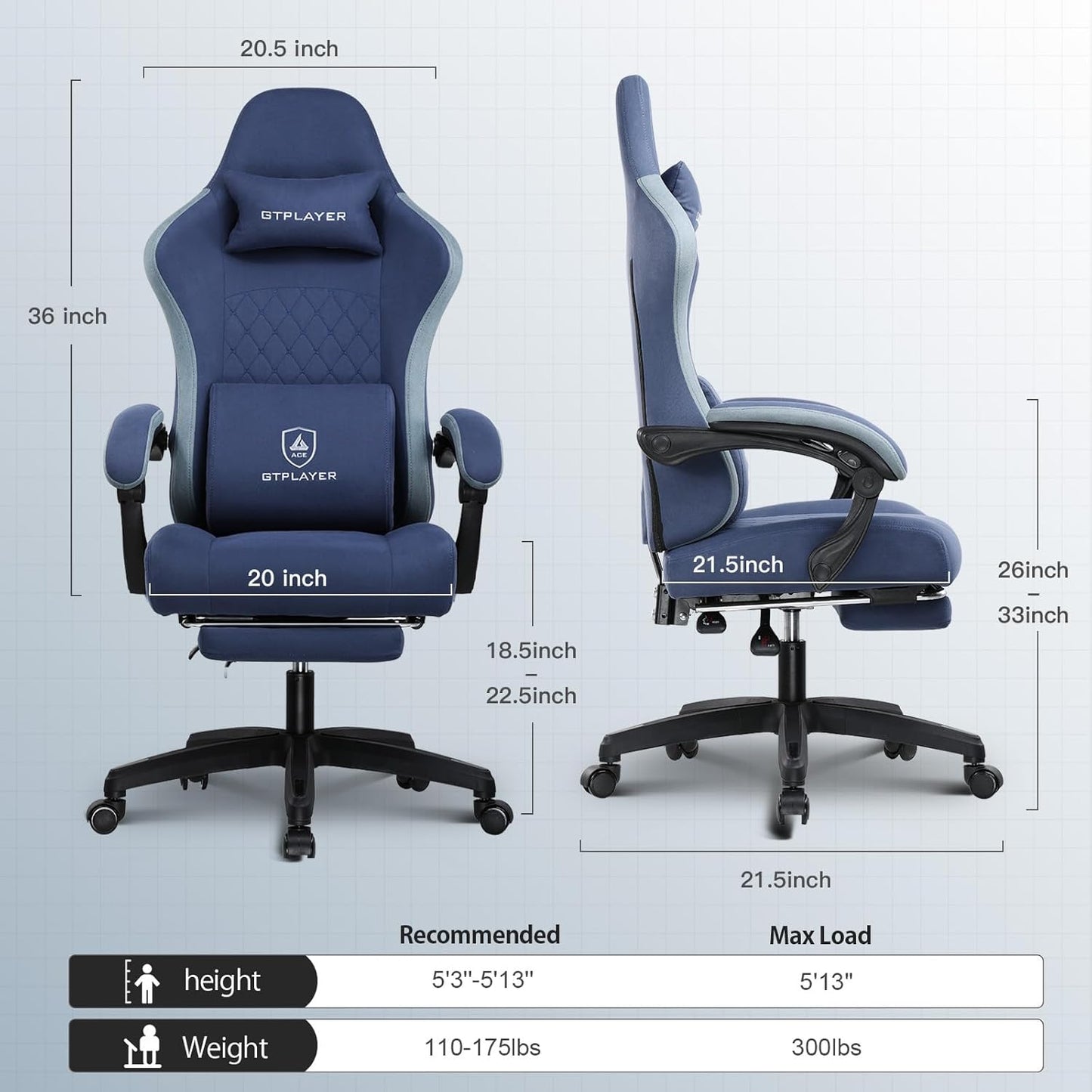 GTPLAYER Gaming Chair, Computer Office Chair with Pocket Spring Cushion, Linkage Armrests and Footrest, High Back Ergonomic Computer Chair with Lumbar Support Task Chair with Footrest(Blue)