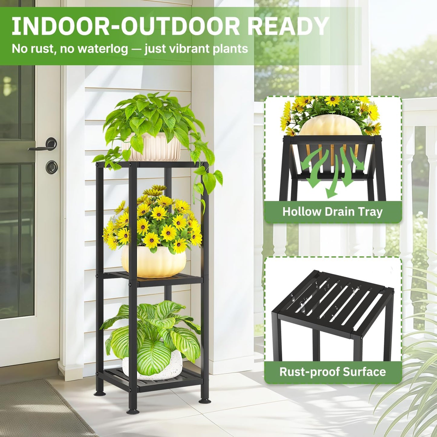 KMOTASUO 3 Tiered Black Tall Plant Stand for Indoor Outdoor, Heavy Duty Metal Multiple Large Planter Rack for Narrow Corner, Sturdy Iron Vertical Flower Holder for Modern House, Patio, Bathroom, Porch