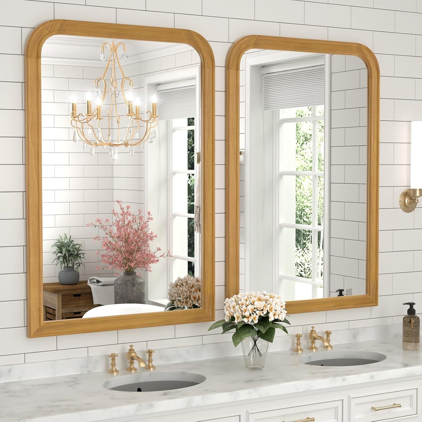 WallBeyond Wood Bathroom Mirror 20" x 30" Wooden Arched Wall Mirror Farmhouse Style Bathroom Vanity Mirror for Home Decor Rectangle Mirror (Natural)