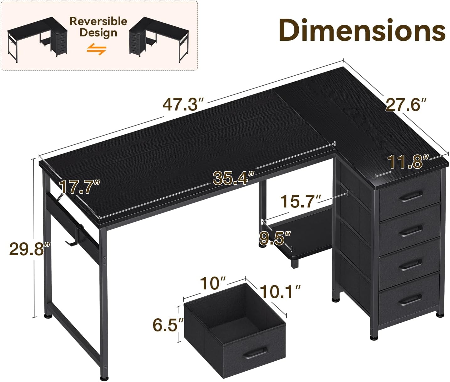 Casaottima L Shaped Desk with 4 Drawers, 47" Corner Computer Desk with Storage, Reversible Kids Study Table with CPU Stand & Hook, Work Table for Home Office, Black