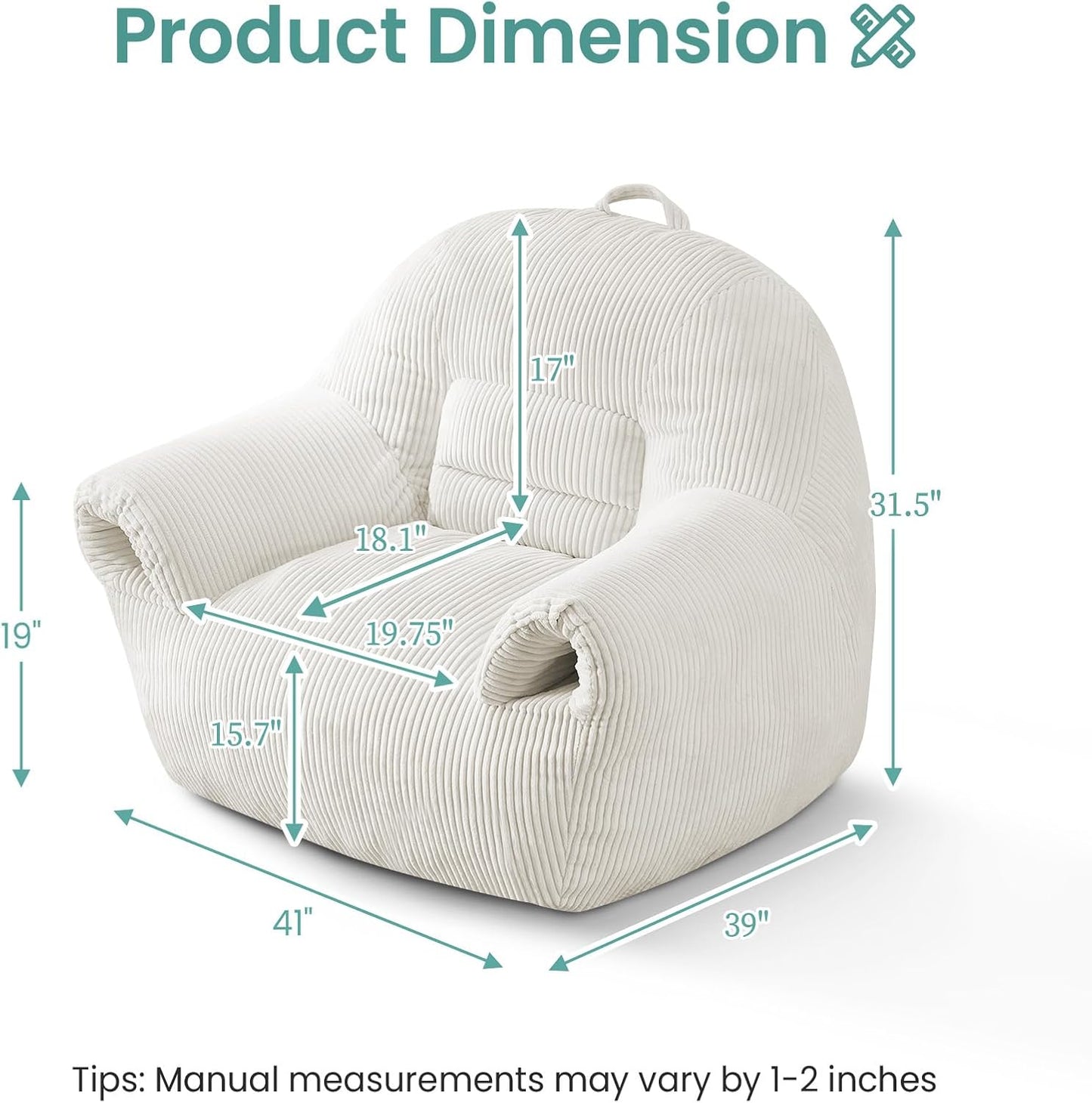 DAICO Bean Bag Chairs for Adults Oversized BeanBag Chair with Armrests Bean Bag Sofa Comfy Accent Chair Corduroy Lazy Floor Single Sofas with Foam for Bedroom Living Room Reading Gaming Beige