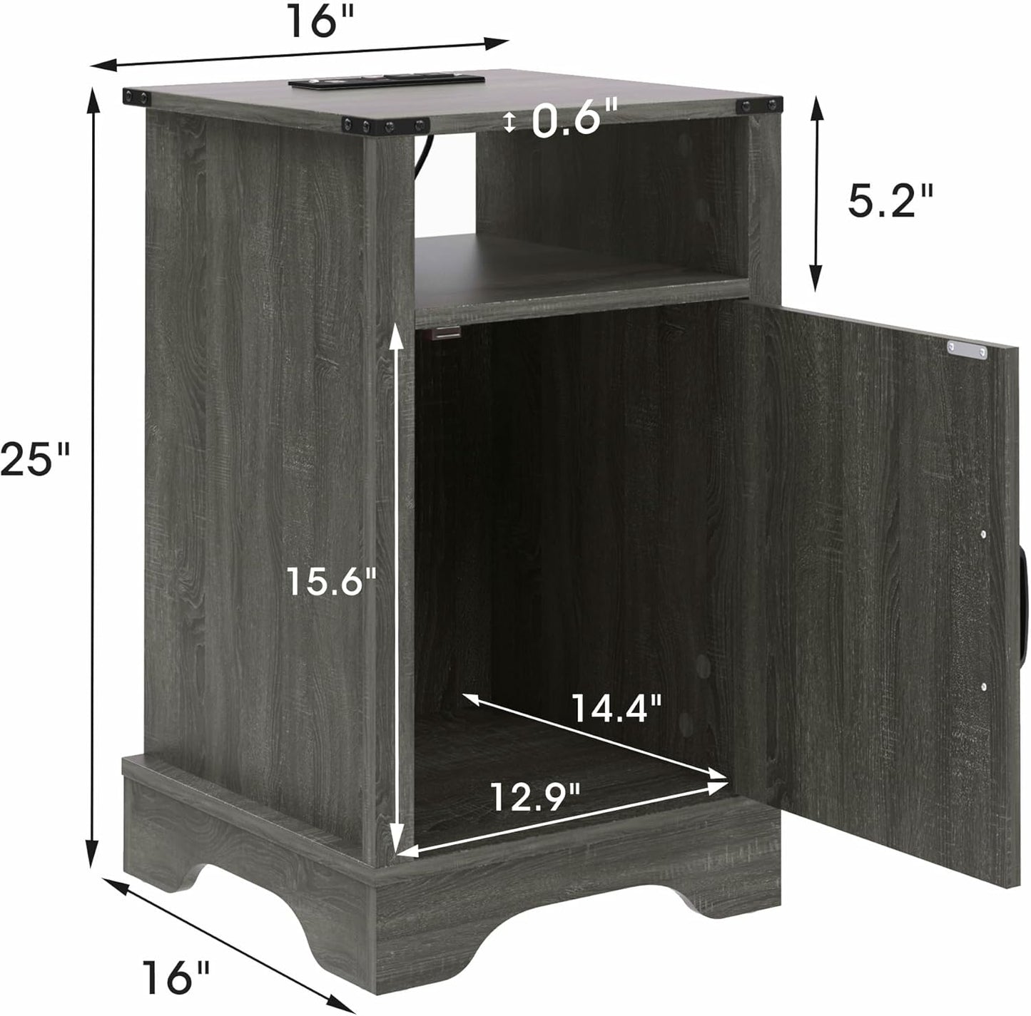 RoyalCraft Set of 1 Farmhouse Nightstand, Grey End Table with Charging Station, Tall Bedside Table with Large Storage Room and Shelf, Wooden Rustic Side Table for Bedroom, Home Office, Dark Grey