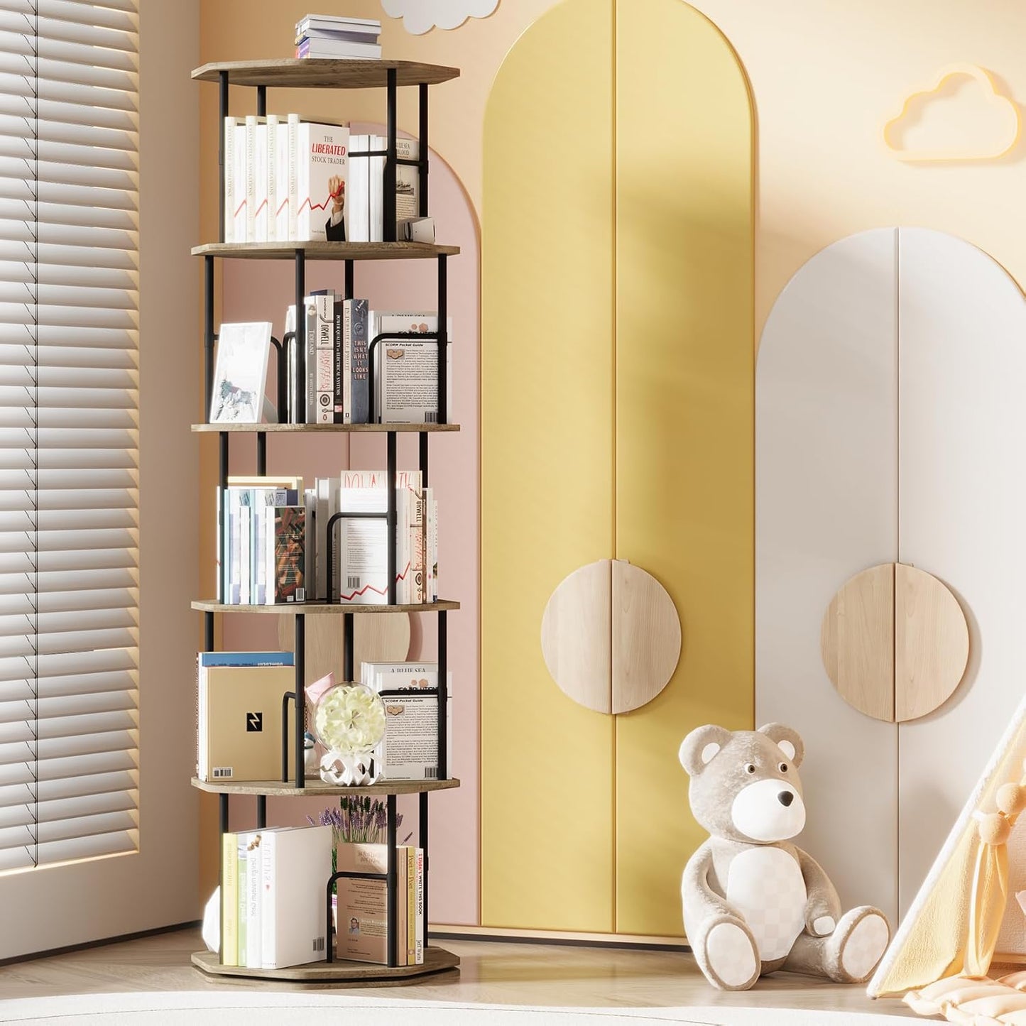 5 Tier Rotating Bookshelf, 360 Display Round Spinning Bookshelf Tower for Kids Room, Corner Shelf for Living Room, Office, Bedroom, Black