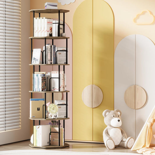 5 Tier Rotating Bookshelf, 360 Display Round Spinning Bookshelf Tower for Kids Room, Corner Shelf for Living Room, Office, Bedroom, Black