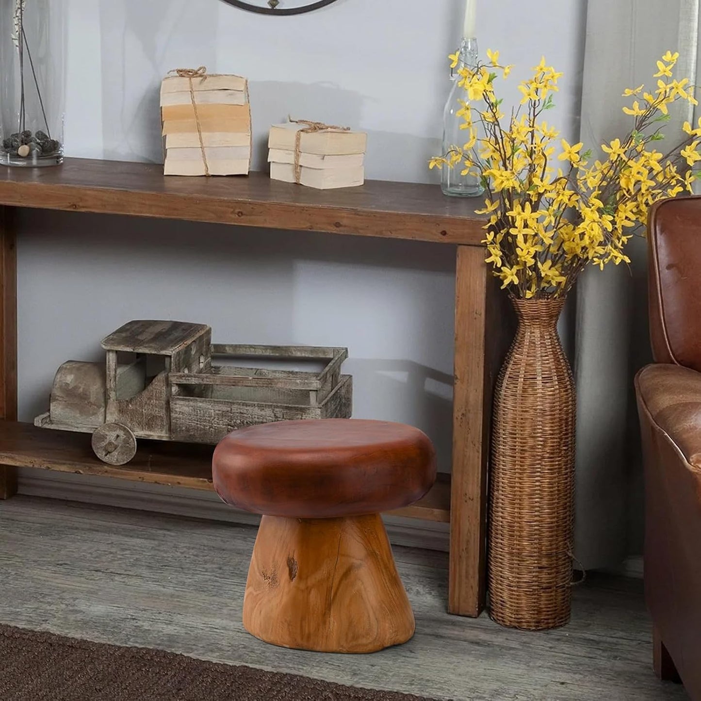 8 Inch Small Mushroom Wood Decoration, Unique Design Live Edge Wood Stool, Freeform Natural Plant Stand for Garden, Yard, Living Room, Bedroom