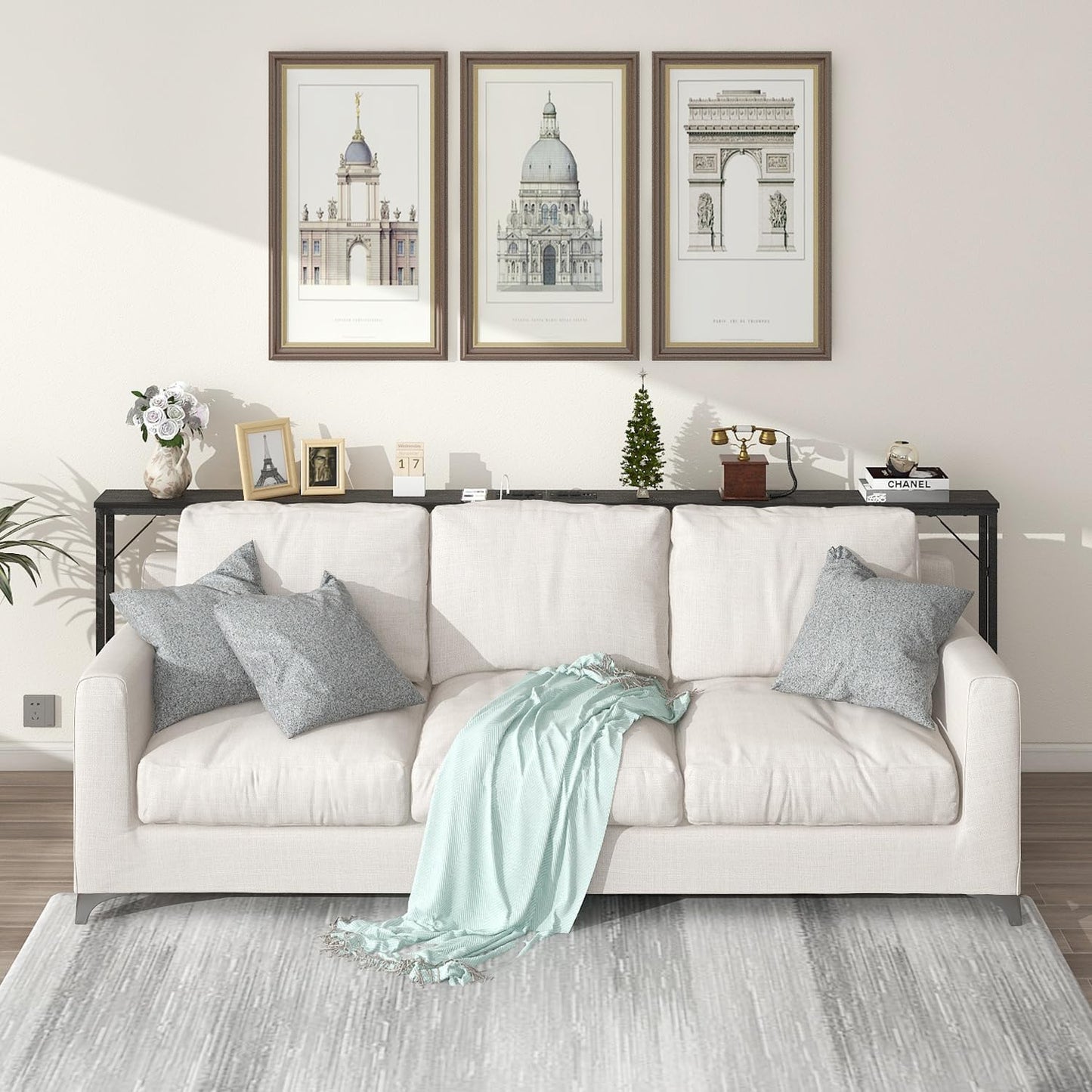 Tohomeor Skinny 5.9" Console Table 47.24" Narrow Long Sofa Table with Power Outlets USB Ports Industrial Wooden Entry Table for Entryway Living Room Hallway (L-94.4xW-5.91, Charcoal)