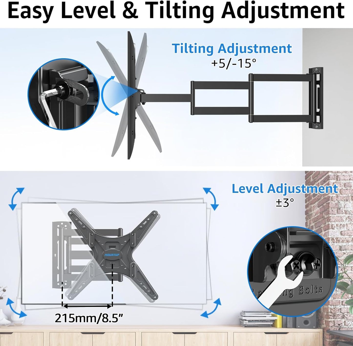 MOUNTUP Corner TV Wall Mount for Most 26-65 Inch TVs, Long Arm TV Mount with 30 Inch Extension Arm, Smooth Swivel Tilt Single Stud Full Motion Bracket Max VESA 400x400mm, 77 lbs Heavy Duty, MU0057