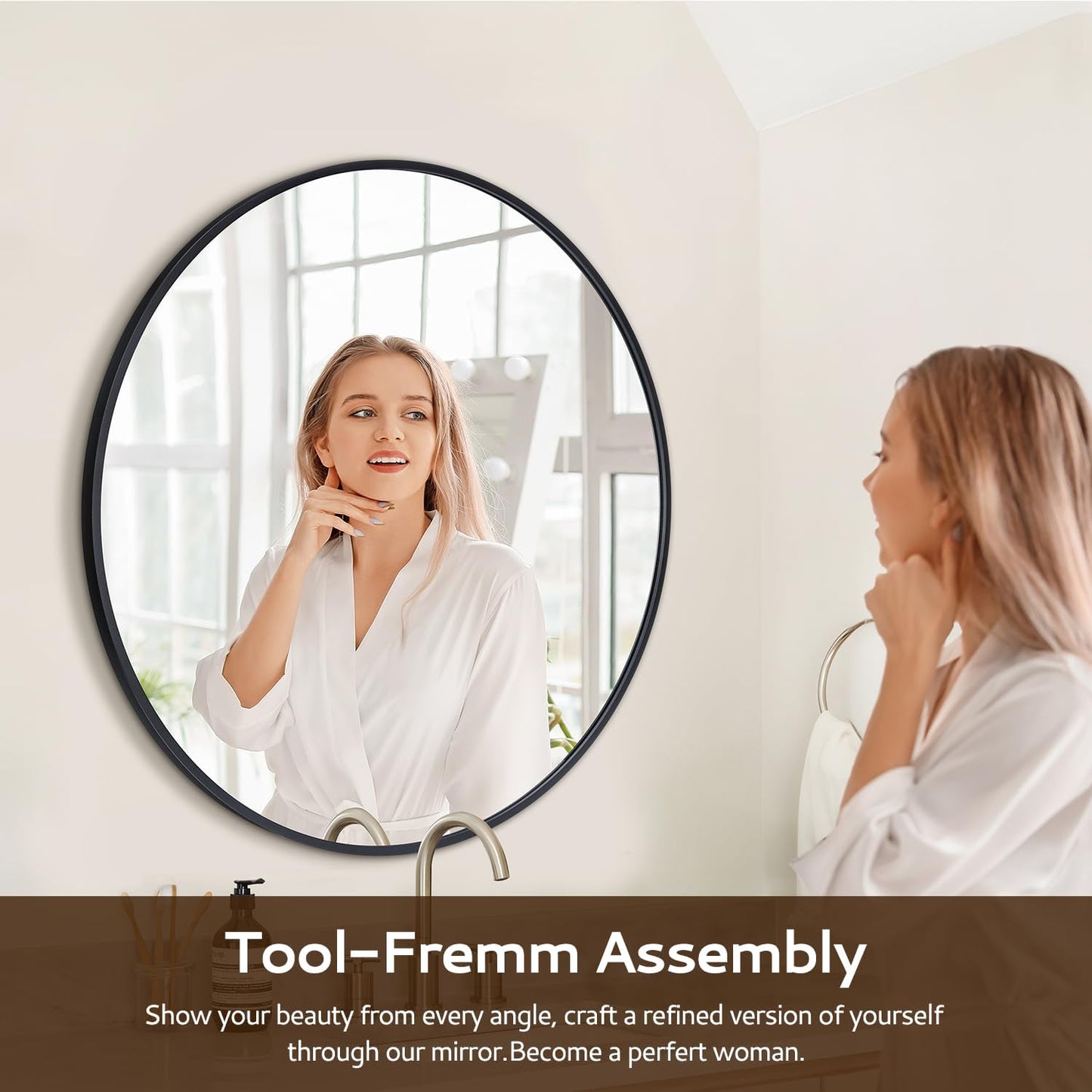 30 Inch Black Round Wall Mirror, Circle Bathroom Mirror with Brushed Metal Frame, Anti-Rust Tempered Glass Vanity Mirror for Bedroom, Entryway, Living Room Farmhouse Decor