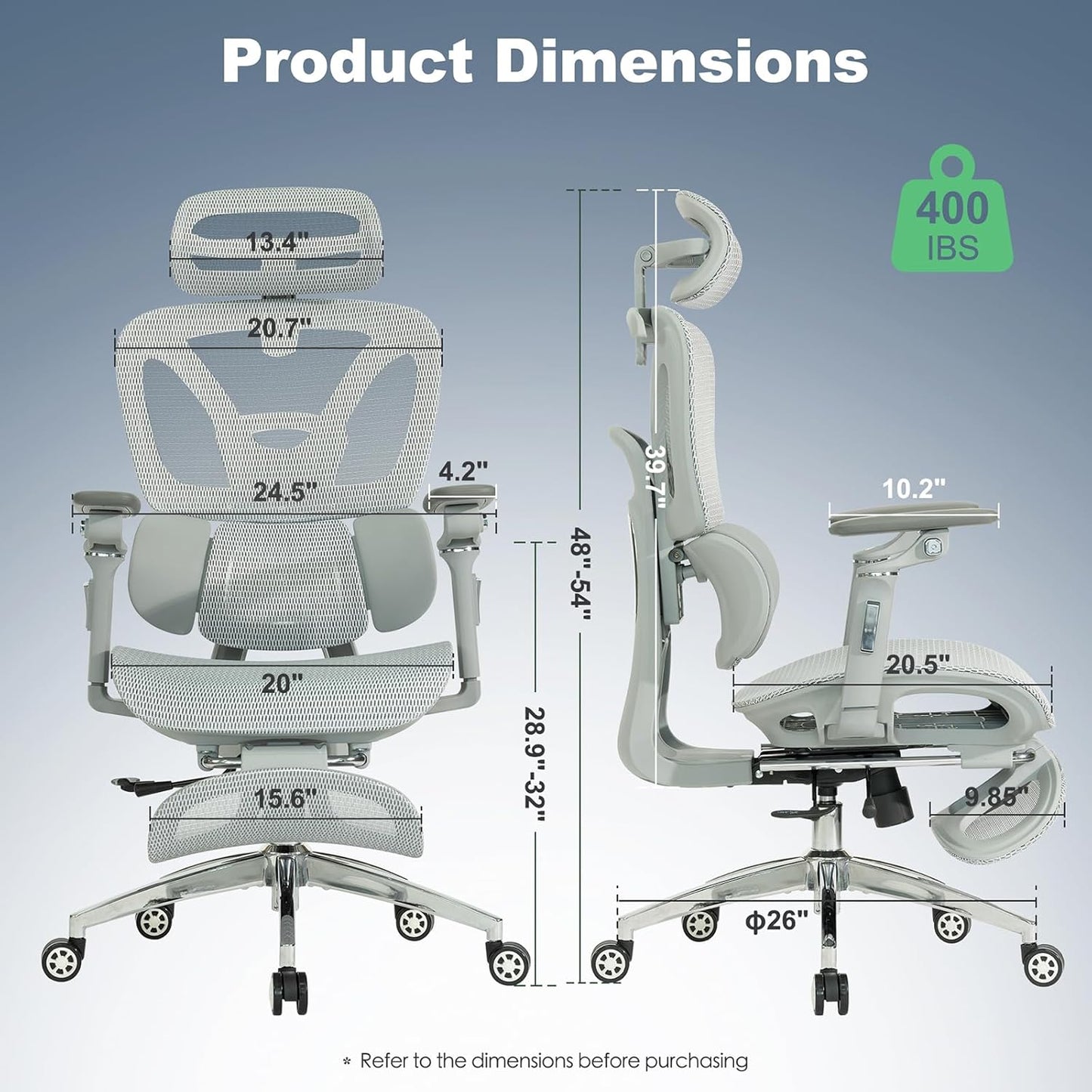 Ergonomic Mesh Office & Gaming Chair | 3D Lumbar Support, 6D Adjustable Armrests, Retractable Footrest | SGS Class 4 Certified | High Back Desk Chair for Home Office, Supports 400lbs