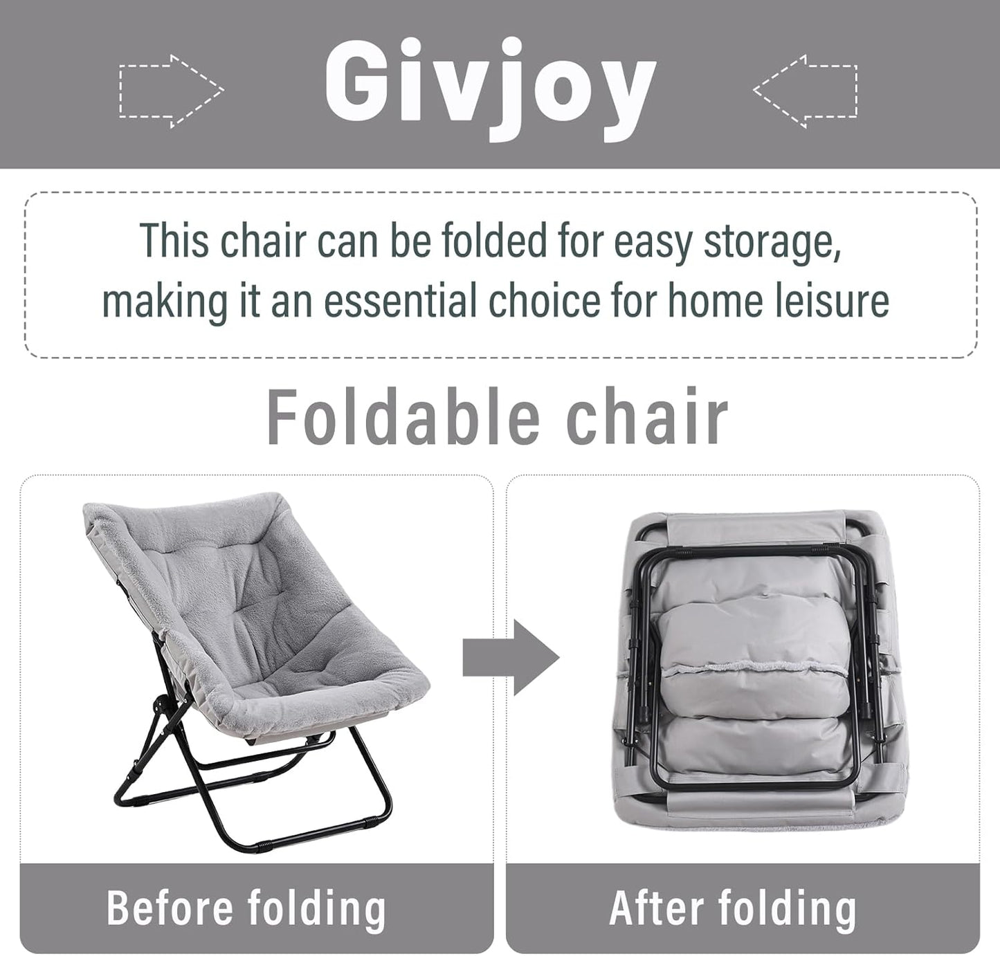 Comfy Folded Chair, Soft Faux Fur Oversized Folding Accent Chair, Flexible Lounge Lazy Chair for Adults Kids, Metal Frame Moon Chair for Dorm Room, Bedroom, Living Room