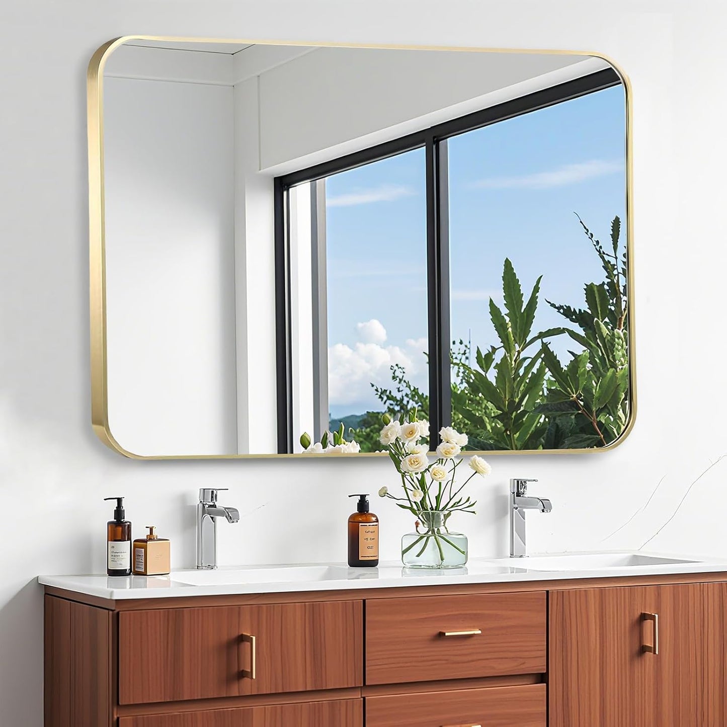 40x30 Inch Gold Bathroom Mirror, Brushed Gold Metal Framed Rectangular Mirror with Rounded Corner, Bathroom Vanity Mirror for Bedroom or Living Room, Horizontal/Vertical