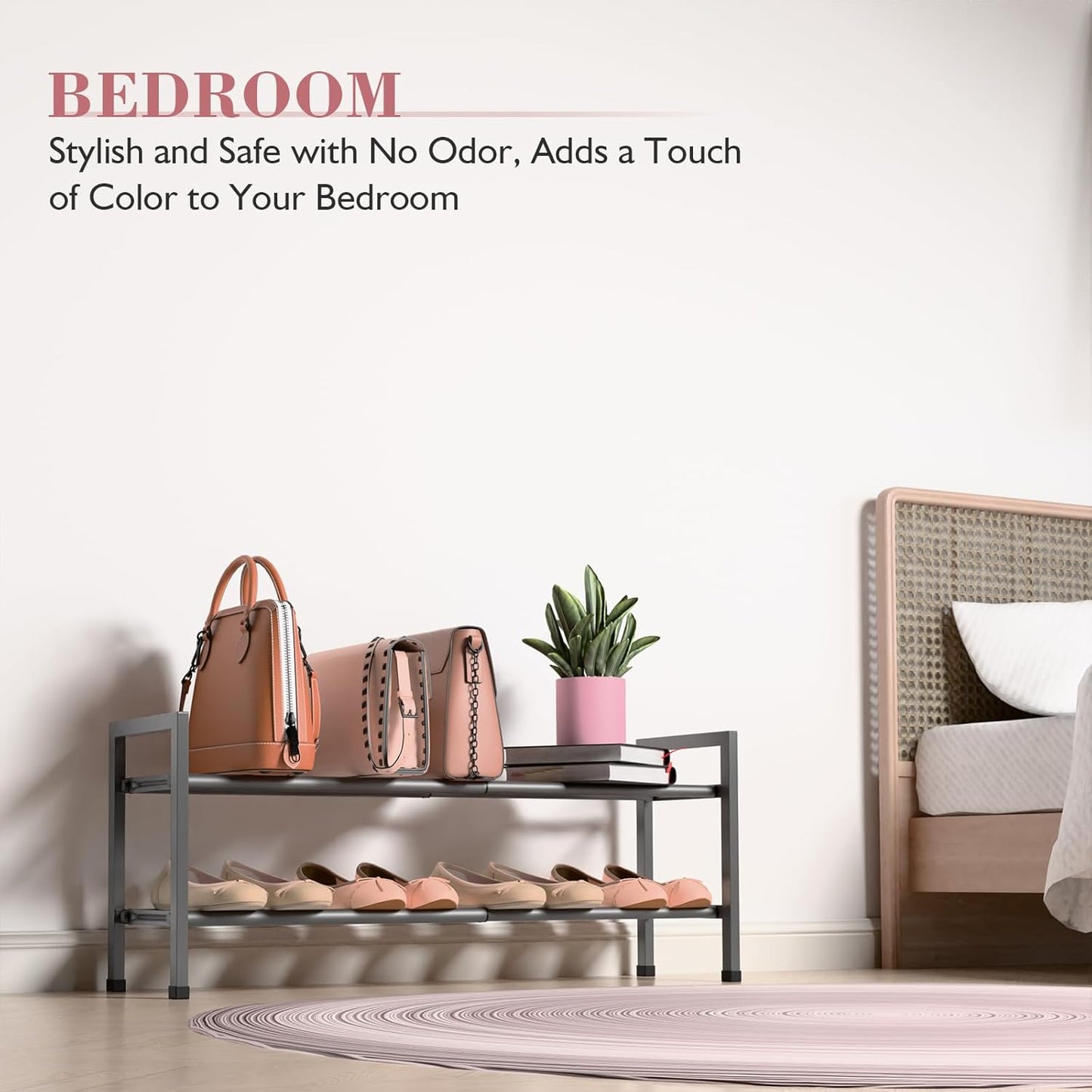 Bumusty 2-Tier Expandable Shoe Rack for Closet, 18“-33” Adjustable Shoe Rack for Small Space, Small Shoe Organizer for Front Door, Sturdy Metal, Gray