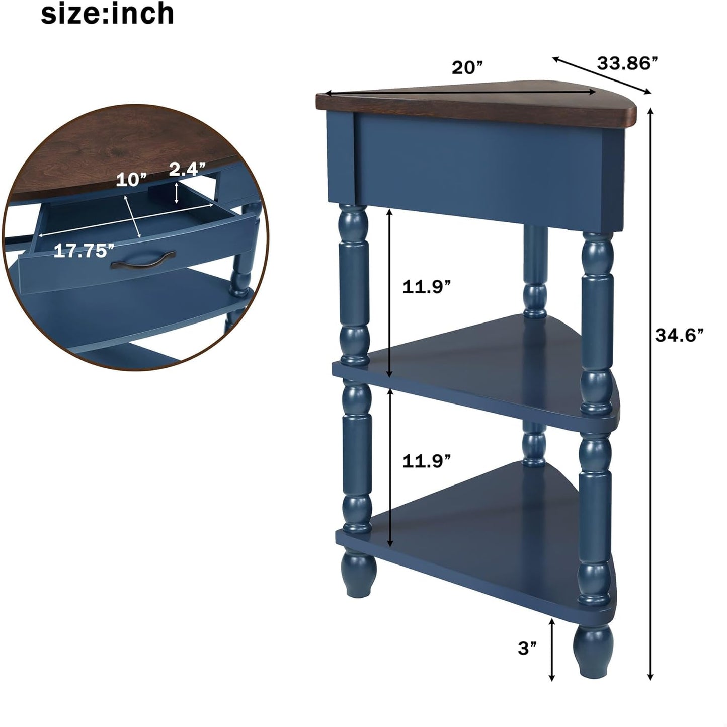 GDFStudio Trmxmbi 3 Tier Corner Console Table with 1 Storage Drawers and Shelves, 33.8'' Rustic Wood Triangle Sofa End Table for Small Spaces, Solid Wood Legs, Navy Blue and Espresso Top