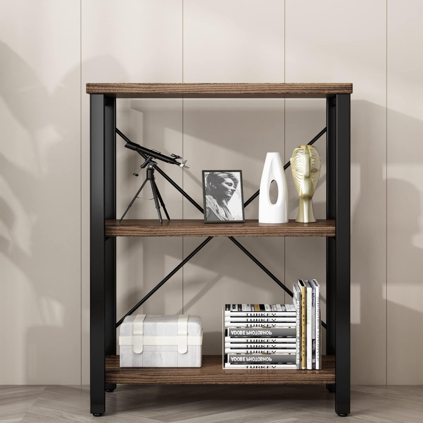 3 Tier Industrial Solid Wood Bookcases, Open Etagere Bookshelf with Metal Frame, Rustic Wood and Metal Shelving Storage Organizer for Living Room Book Shelves Furniture (AY01-3tier)