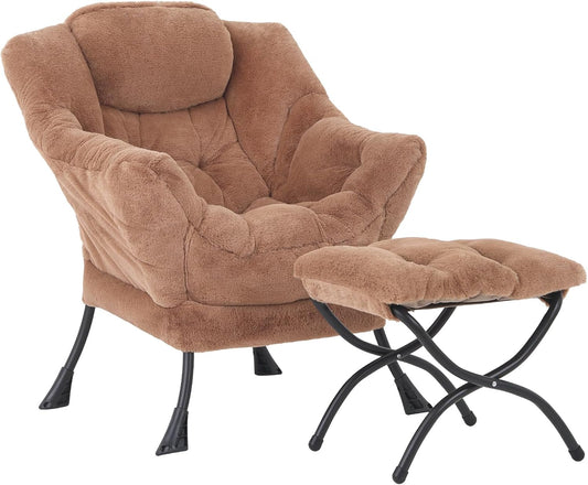 Lazy Chair with Ottoman, Modern Accent Chair Lounge Leisure Sofa Chair with Armrests, Reading Chair and Folding Footstool for Living Room, Bedroom, Office, Plush Brown