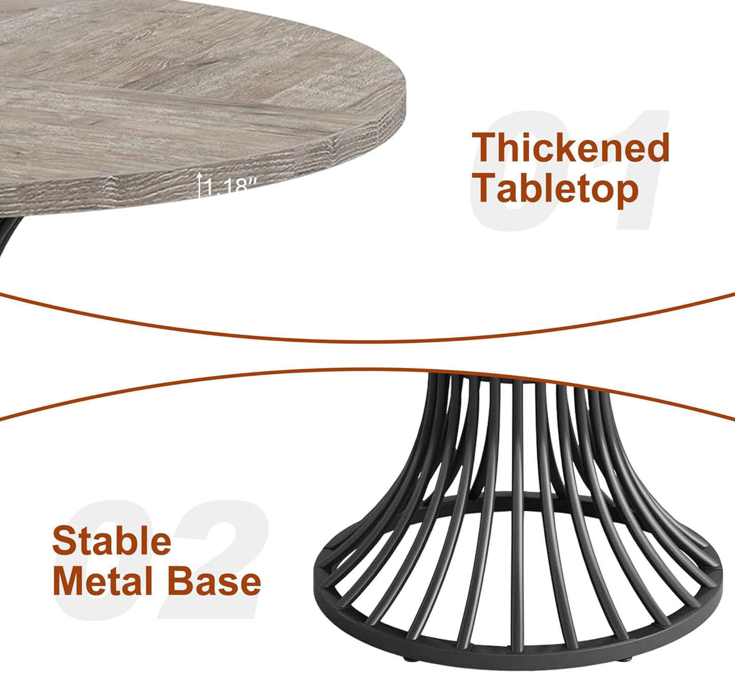 Round Dining Table for 4, 47-Inch Farmhouse Dinner Table Wooden Circle Kitchen Tables with Metal Base for Dining Room, Kitchen, Living Room, Grey and Black