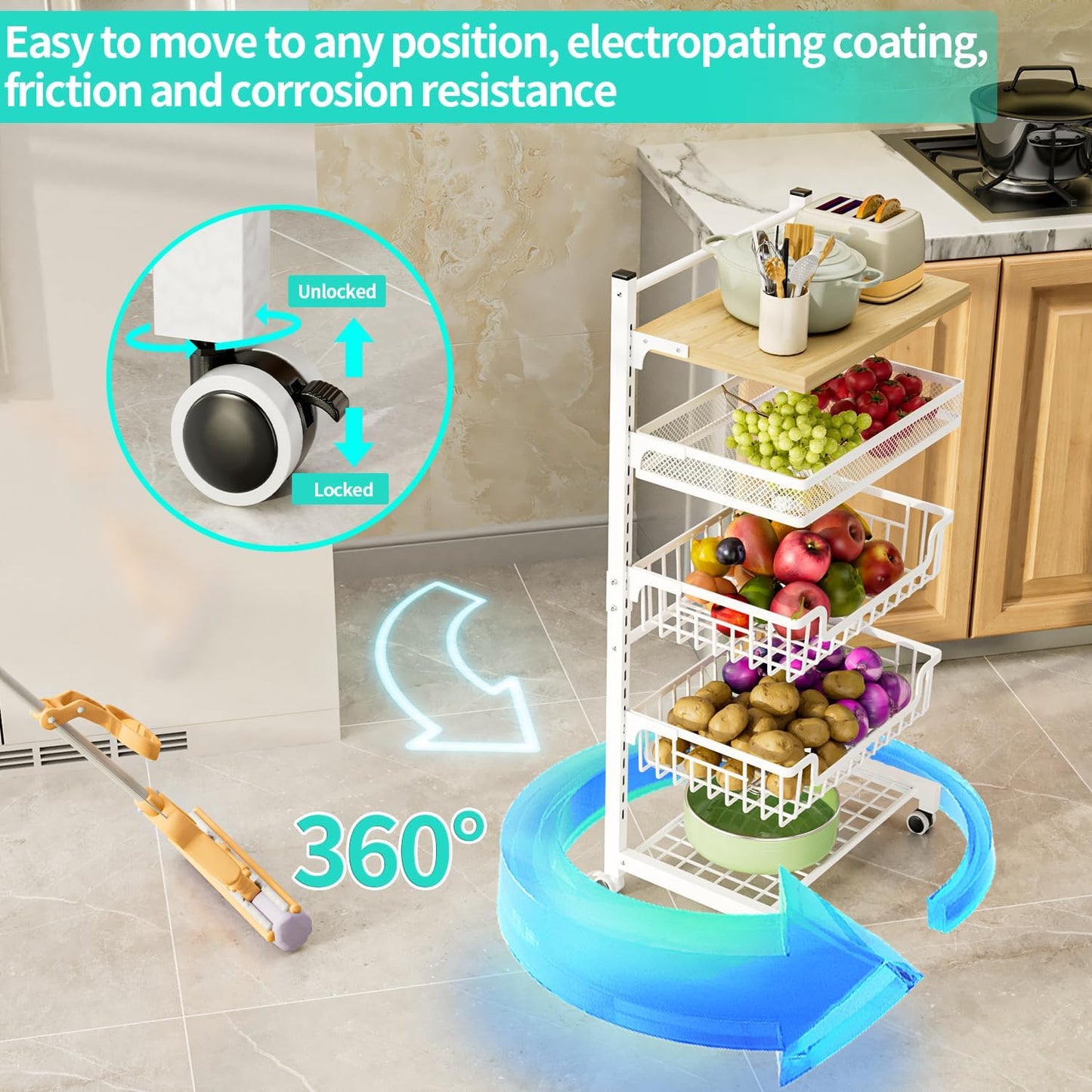 HapiRm Fruit Basket Kitchen Cart - 5 Tier Adjustable Vegetable Storage Rack, Large Capacity Rolling Kitchen Carts on Wheels for Snack Onion and Potato Storage