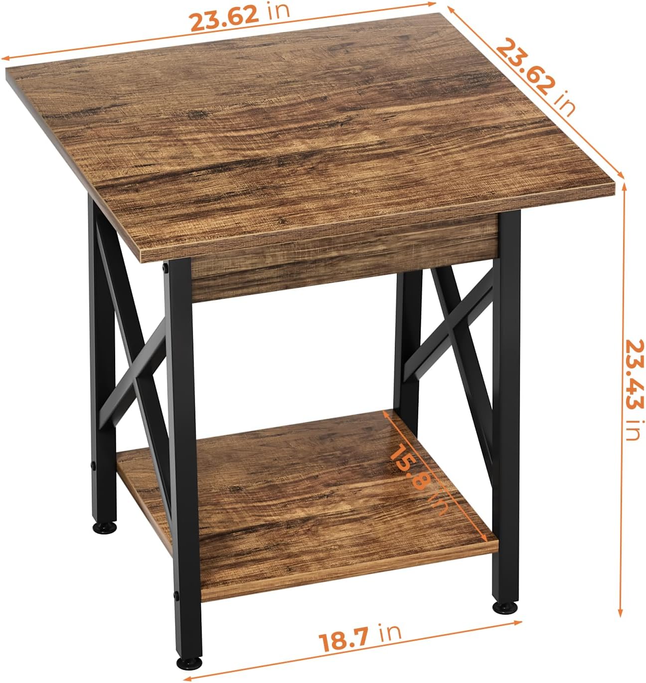GreenForest End Table 24 inch for Living Room, Large Square Side Tables with X-Frame, Tall Industrial Bedside Nightstand with 2-Tier Storage, Rustic Walnut