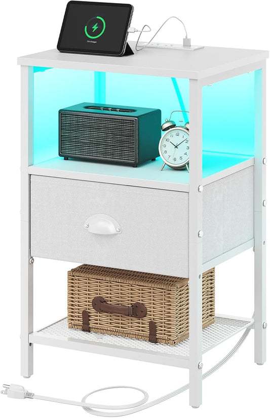 Sthmec Nightstands with Charging Station, LED Bedside Tables with Charging Station and Fabric Drawer, Night Stand with Storage, 3 Tier Side Table with Open Shelf, LED Nightstand Bedside Table,White
