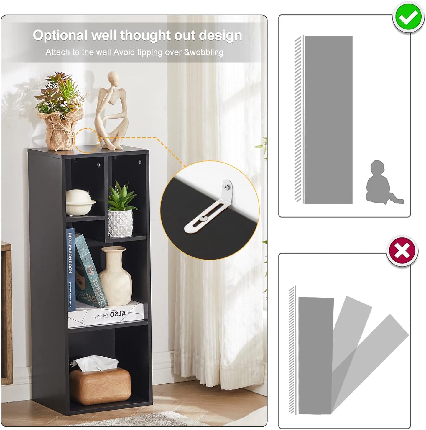 VECELO Small Bookshelf, 4 Cube Slim Bookcase, Fits Tallest Hardcovers, Horizontal Available, Modern Floor Standing Unit, Each Shelf Hold Up to 66 LBS, Matte Black