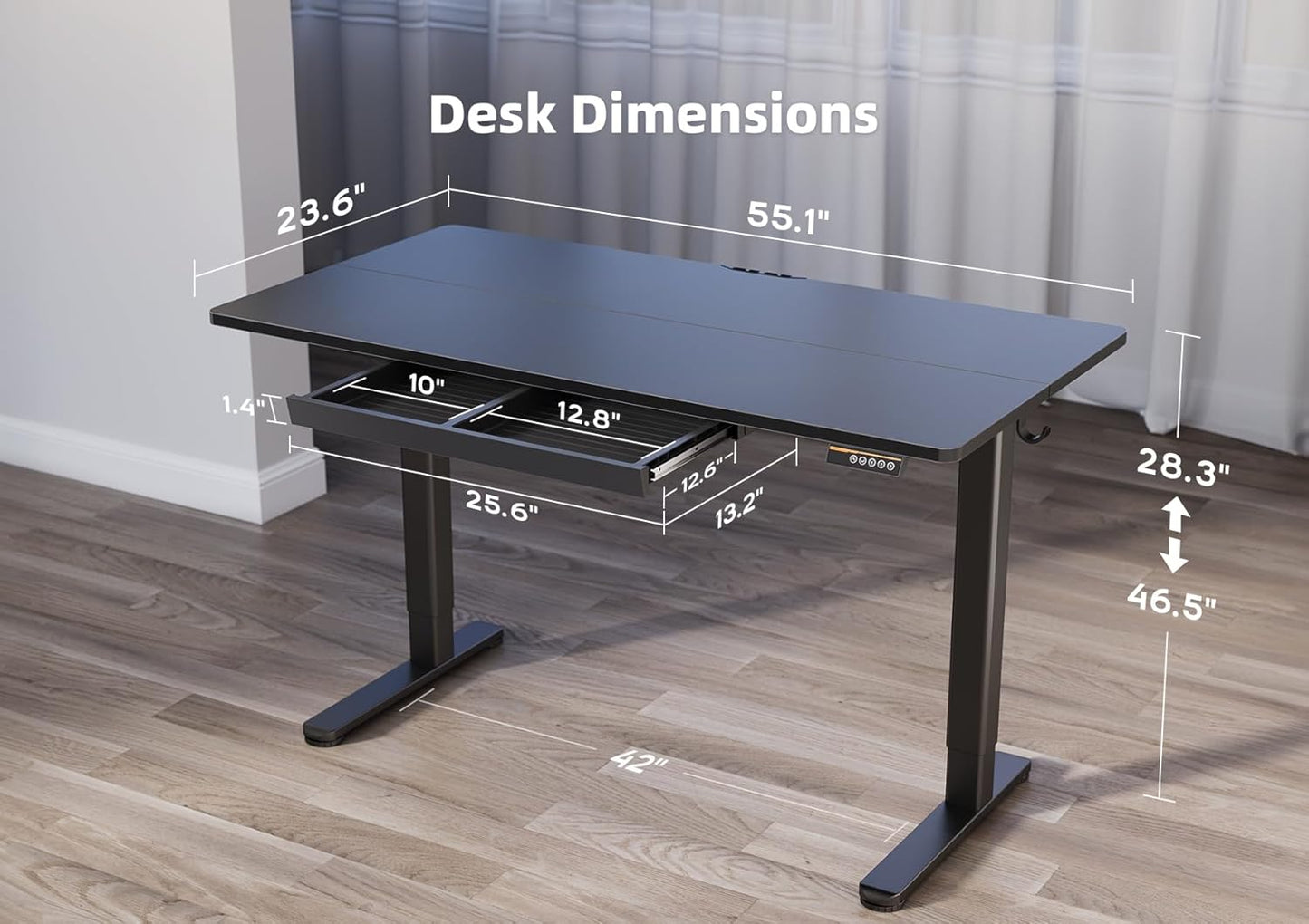 YDN Standing Desk with Drawers, 55 x 24 Inch Adjustable Height Stand Up Desk, Sit Stand Computer Desk for Home Office, Black