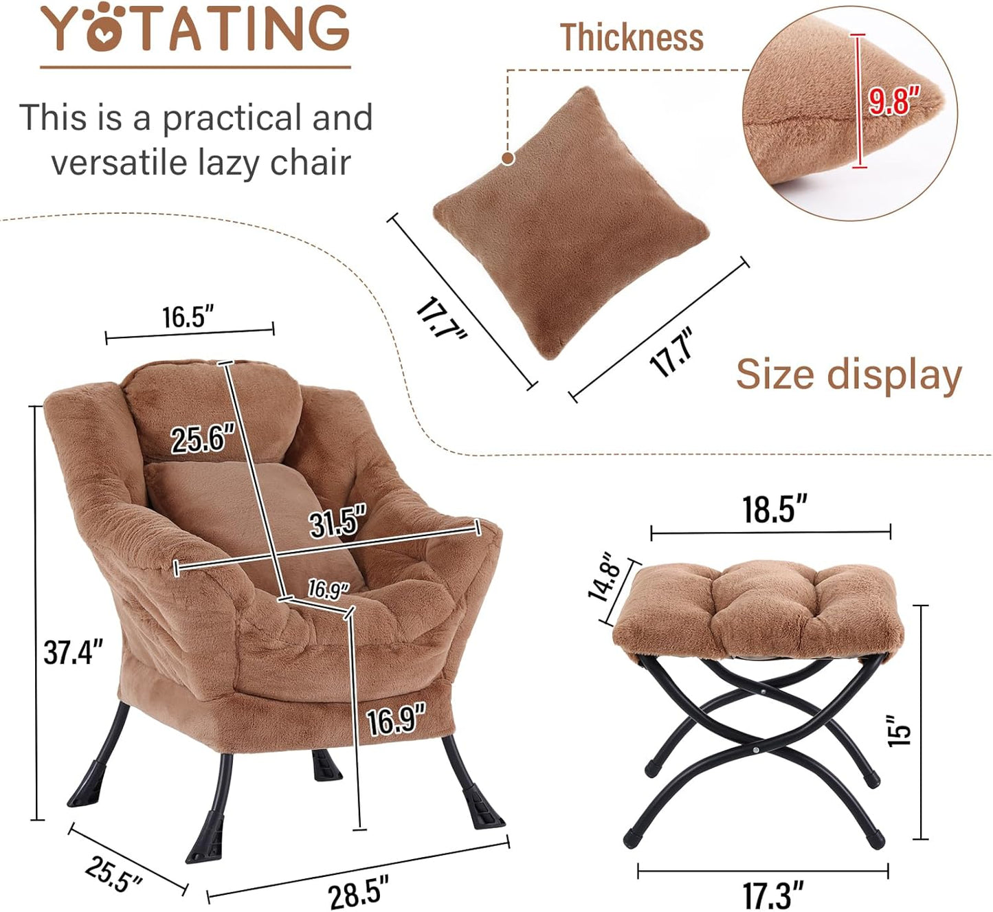 Lazy Chair with Ottoman, Comfy Reading Lounge Chair with Footstool & Throw Pillow Modern with Armrests & Side Pocket for Living Room, Bedroom, Dorm Room, Plush Brown