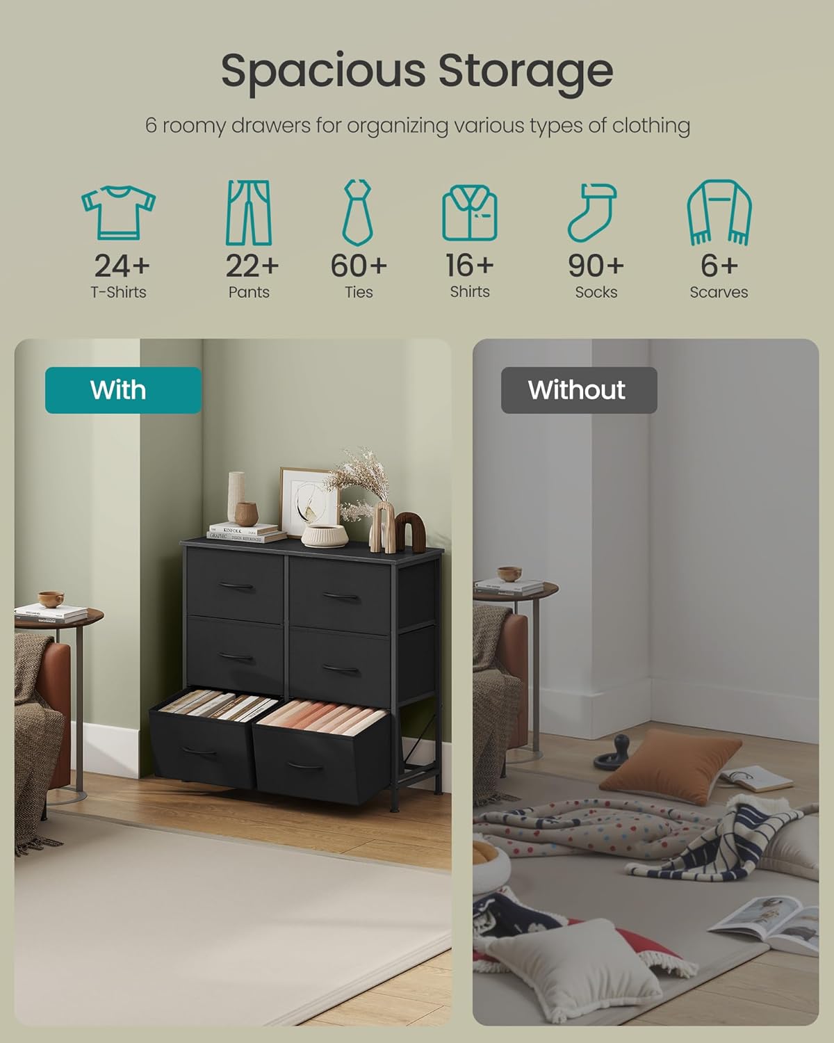 SONGMICS Dresser for Bedroom, Chest of Drawers, TV Stand, Steel, MDF, 6 Non-Woven Fabric Drawers, Storage Organizer Unit, Closet, Entryway, Ink Black and Ebony Black ULGS123B01S