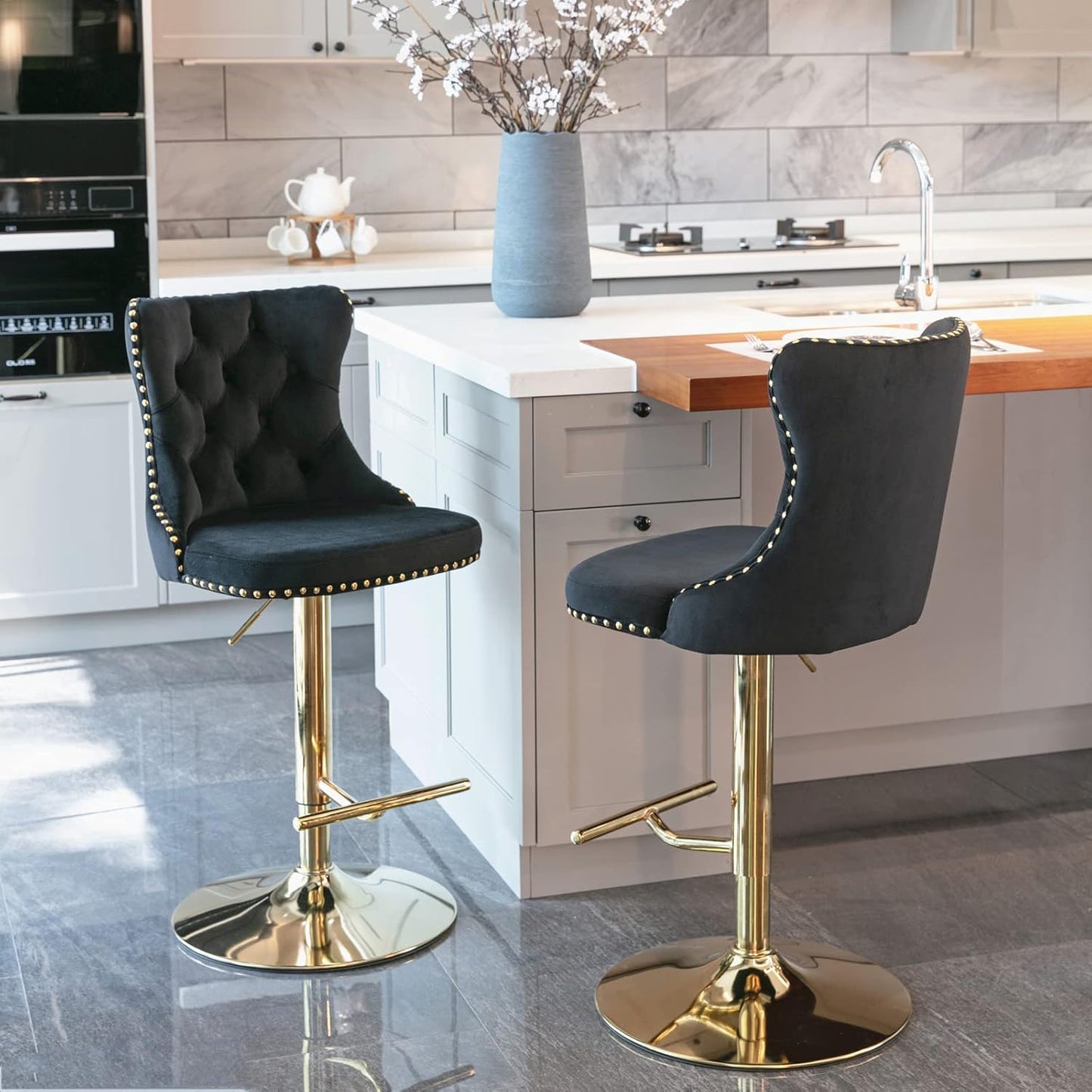 PacknWood Acosure Golden Swivel Velvet Barstools Adjusatble Seat Height from 25-33" with Comfortable Tufted,Modern Upholstered Chrome Base Bar Chairs,for Home Pub Kitchen,Black,Set of 2