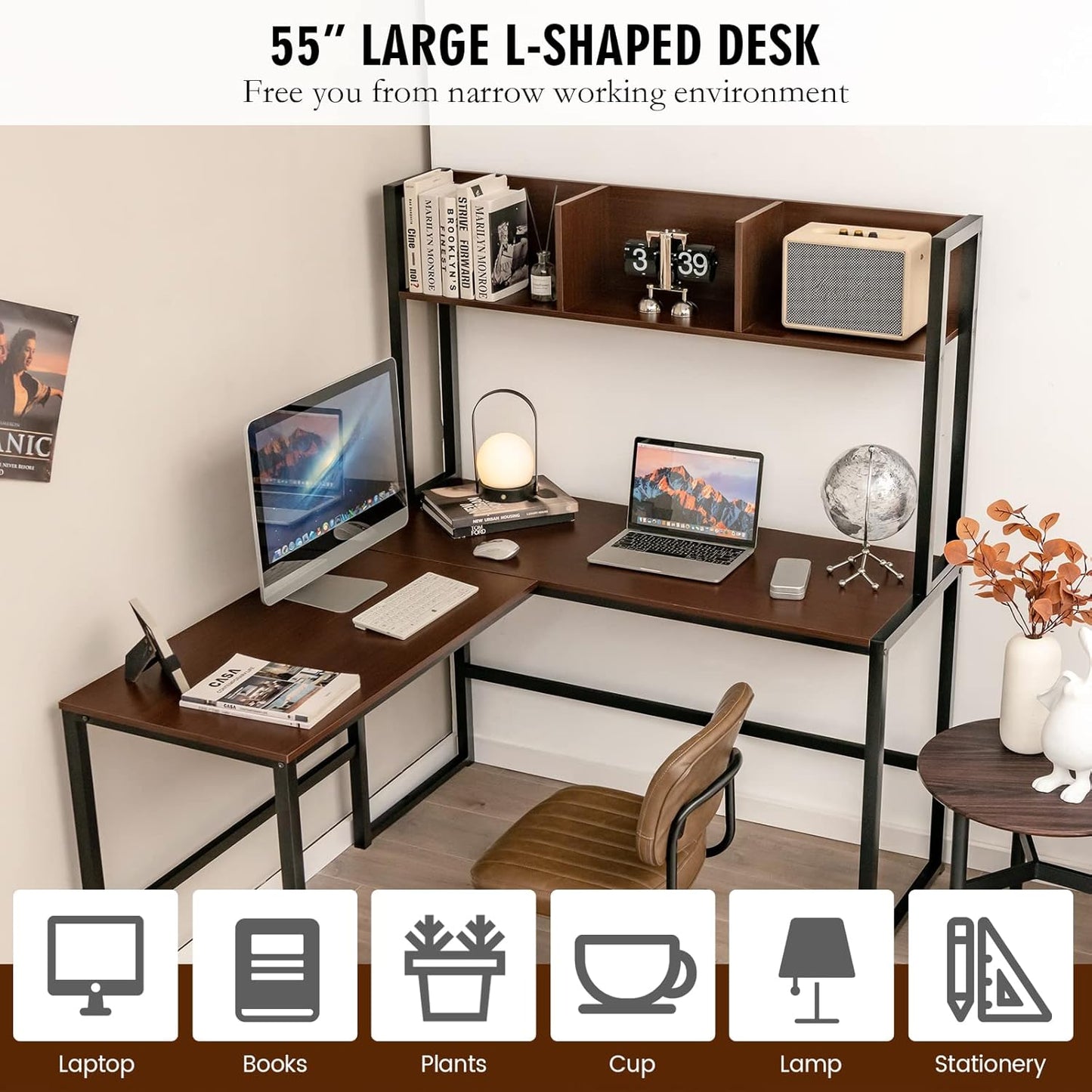 Tangkula Reversible L-Shaped Desk with Hutch, Space Saving Corner Computer Desk with Storage Shelves, Home Office Study Writing Desk Computer Workstation with Storage Bookshelf, Gaming Desk