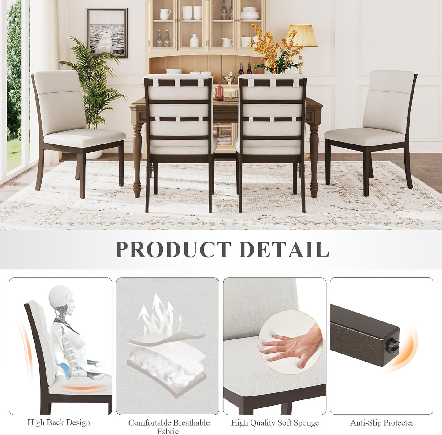 COLAMY Wooden Dining Chairs Set of 6, Modern Fabric Upholstered Kitchen Side Chairs, Farmhouse Ladder High Back Dining Room Chair with Foot Pegs - White